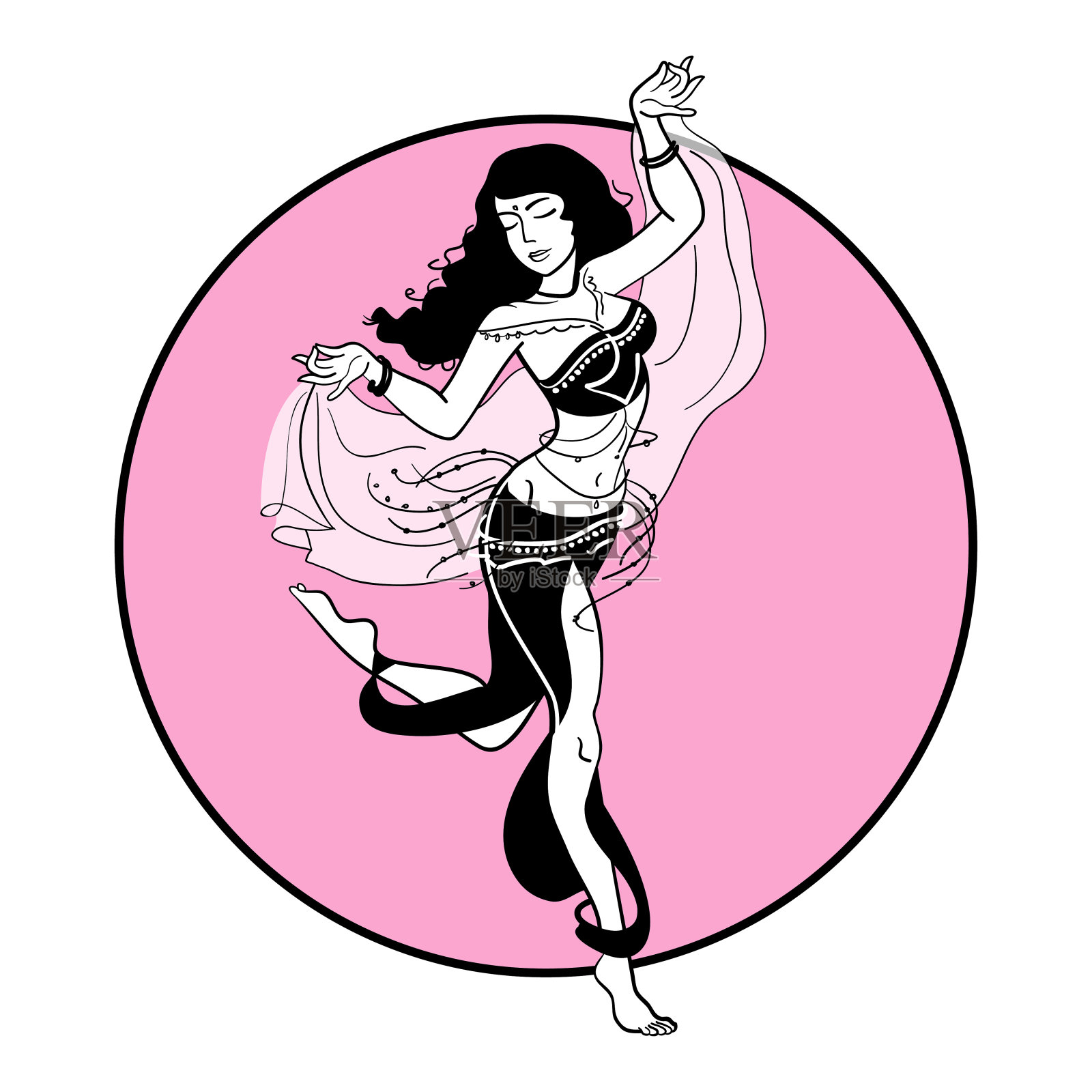 肚皮舞者。插图肚皮舞女子在手绘风格。穿着服装和配饰的现代女孩。向量插画图片素材