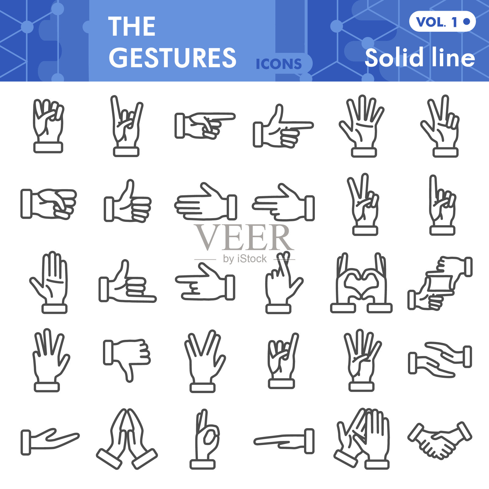 手势线条图标设置，人体手势符号收集或草图。手指符号为网页，线形图形包装孤立在白色背景上。矢量图形。图标素材