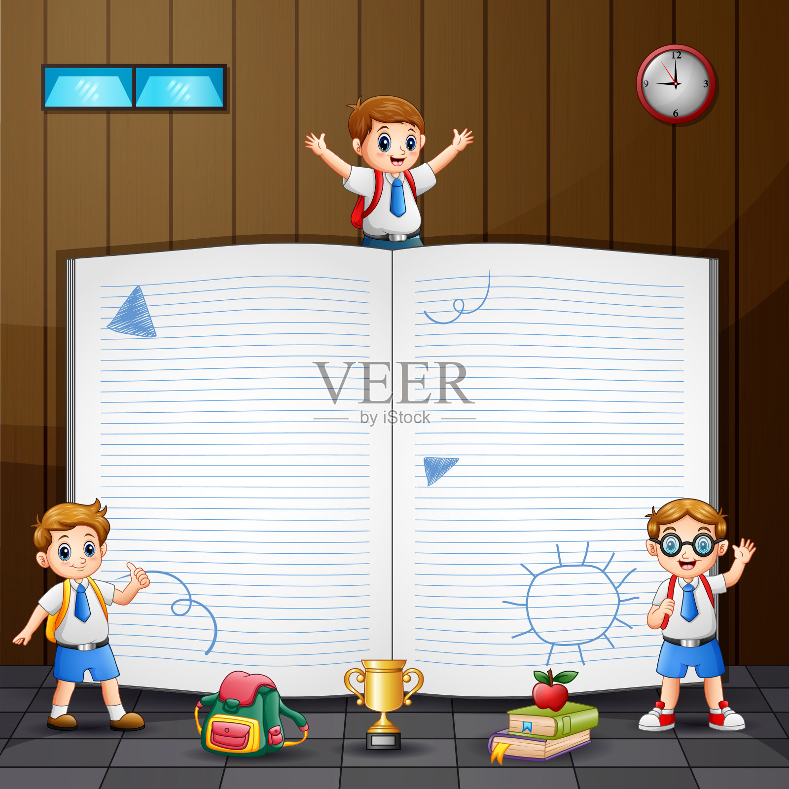 边界设计与女孩和男孩在校服插图插画图片素材