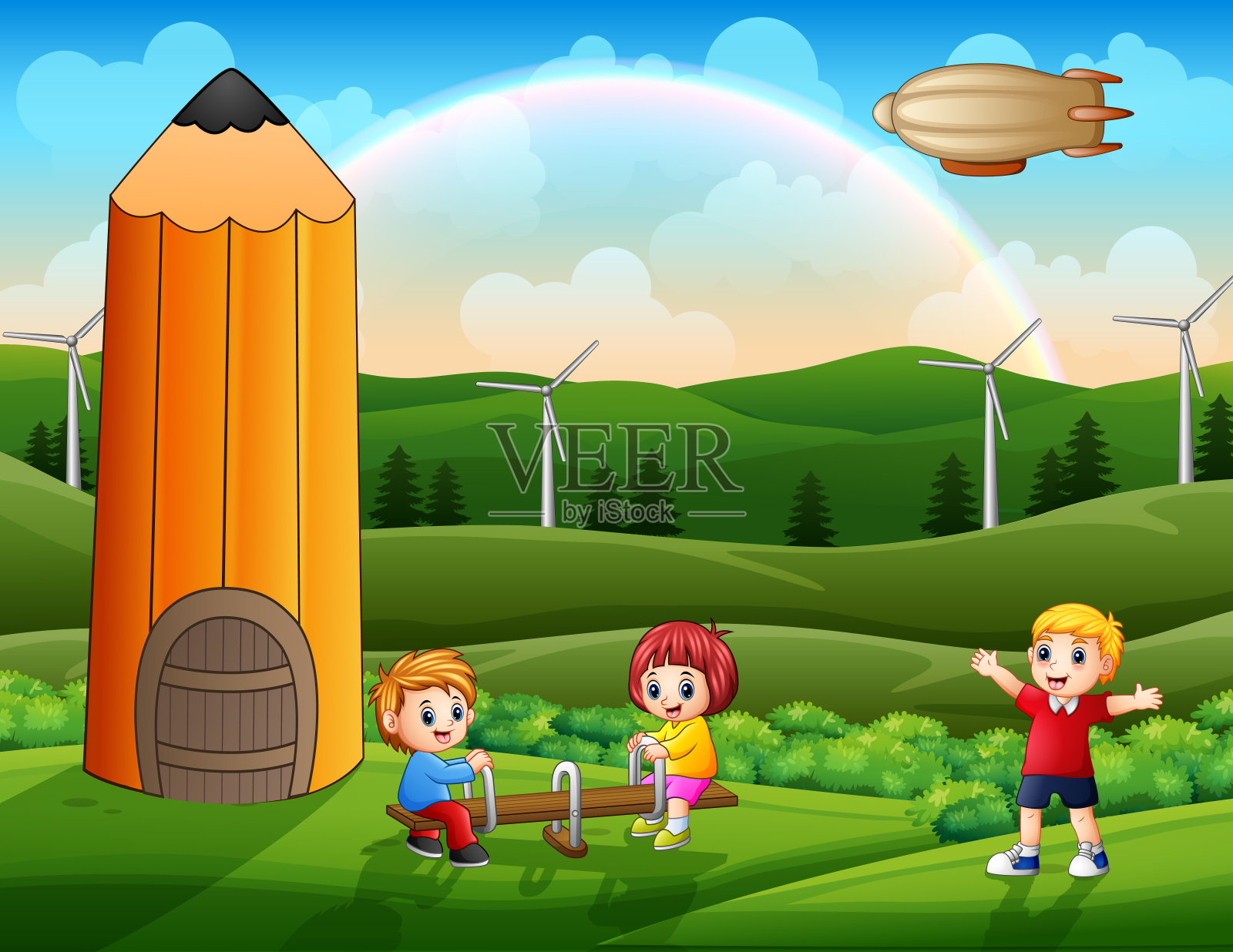 孩子们在公园里玩耍的场景插画图片素材