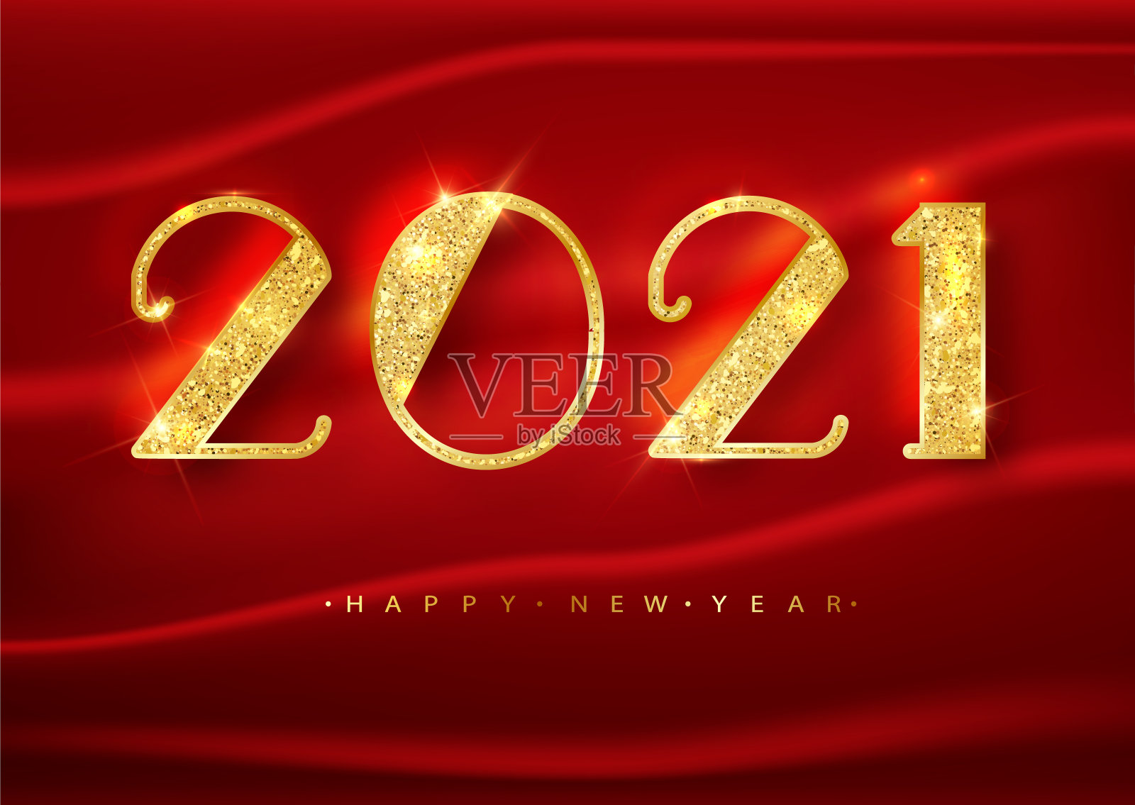 2021新年快乐。以红色为背景的贺卡设计。黄金闪光模式。新年横幅与2021数字在明亮的背景快乐。矢量插图。插画图片素材