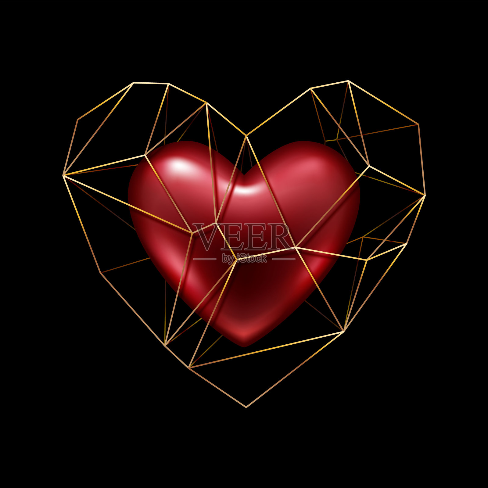 金色的多边形线框心与现实的红心在里面-情人节的爱情象征。插画图片素材