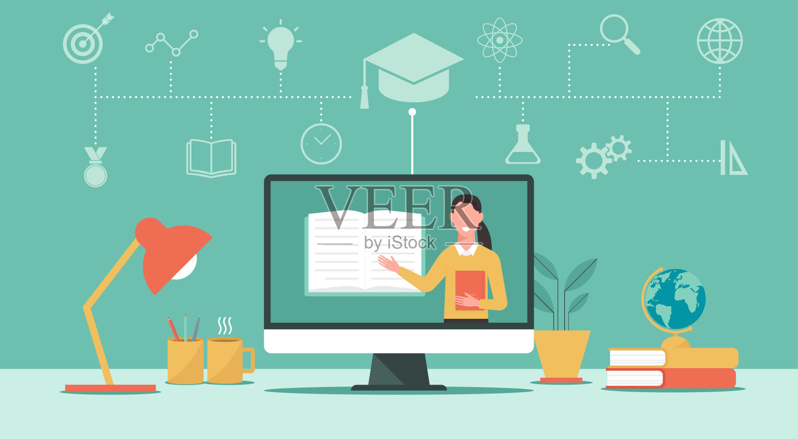 在线教育教师通过电脑屏幕进行教学插画图片素材