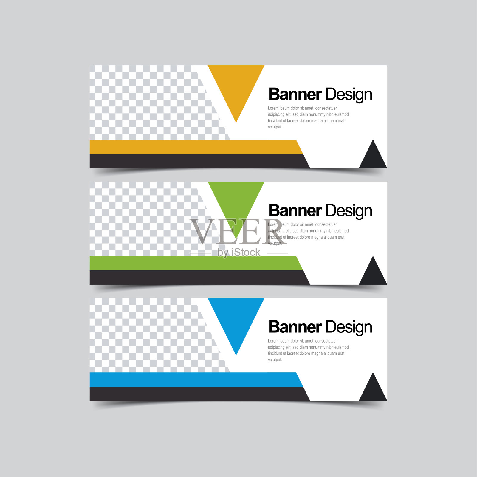 以现代简约的风格设置抽象的企业商业旗帜。矢量插图推广设计背景。水平的网页标题模板有三种颜色选项，黄色，绿色和蓝色。设计模板素材