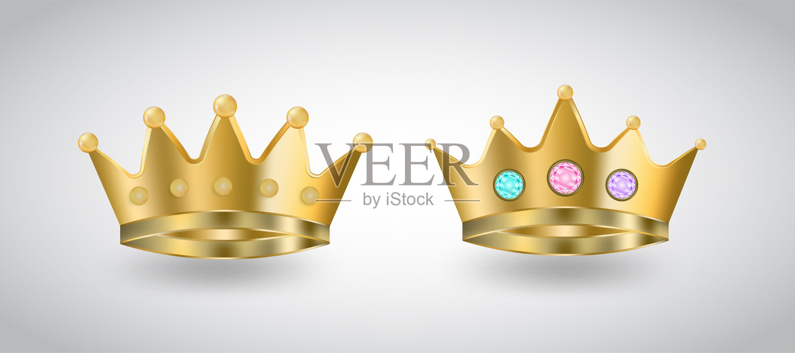 金色皇冠3d集孤立在白色背景。游戏应用图标，奢侈、权力和个人成功的象征。童话故事或古代君主制的属性。重要的成就或至高无上的图标。插画图片素材