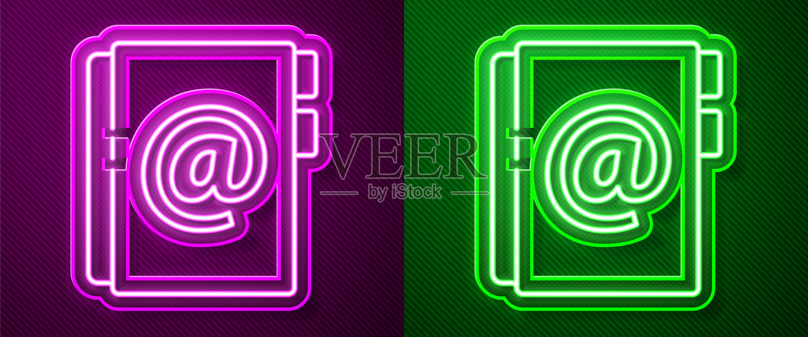 发光的霓虹灯线地址簿图标孤立在紫色和绿色的背景。笔记本，地址，联系方式，目录，电话，电话本图标。矢量图插画图片素材