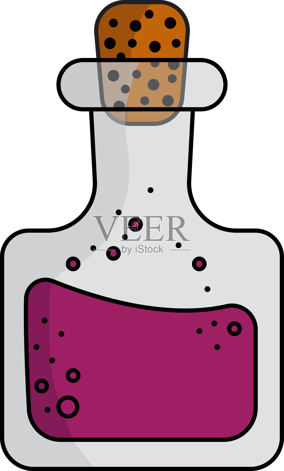 矢量插图的一个瓶子与葡萄酒的液体和一个软木塞，一个单一的元素在一个白色的背景。医学概念、实验室、化学、魔术、分析收集。插画图片素材