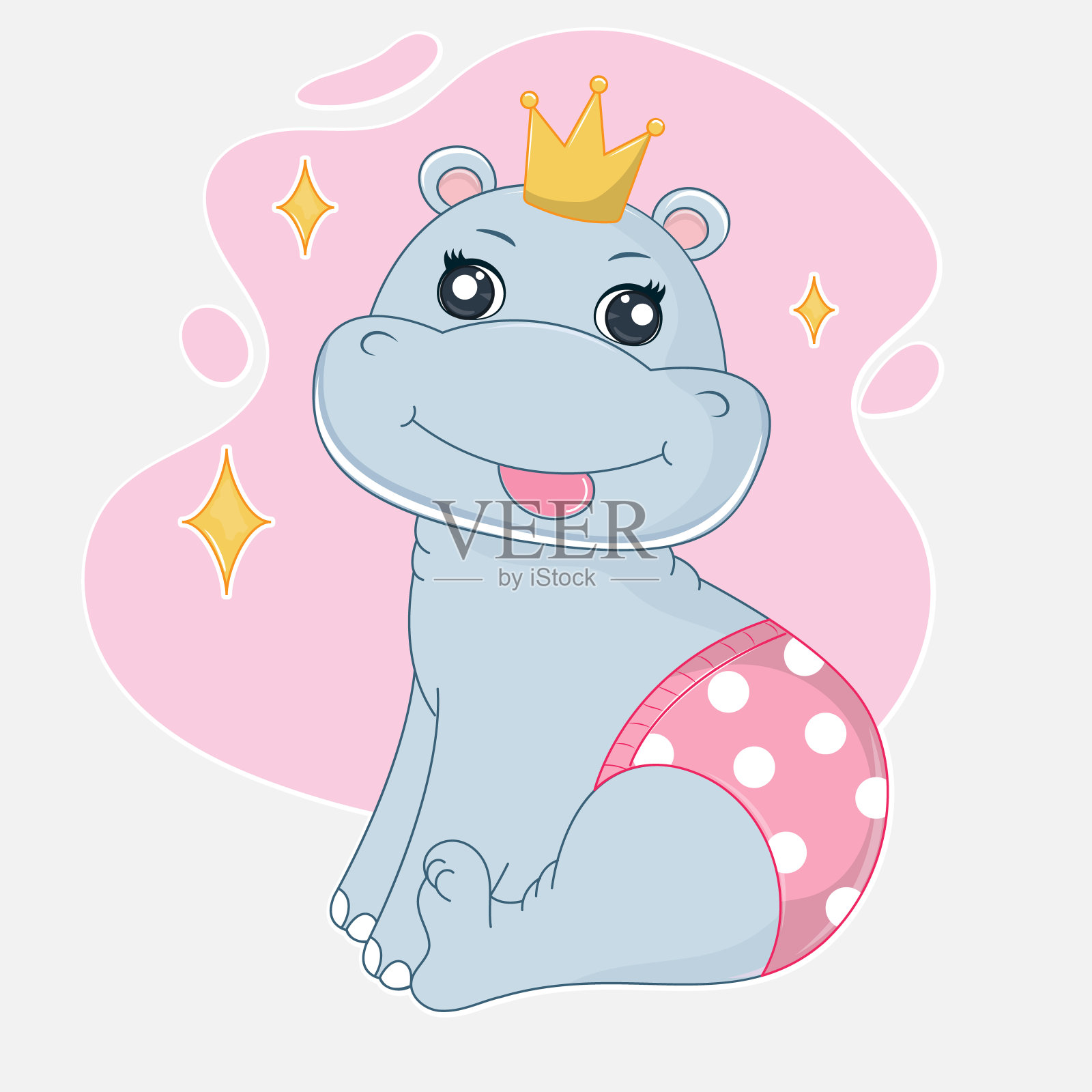 可爱的卡通河马公主。儿童图形元素，贺卡，封面，贴纸和海报。插画图片素材