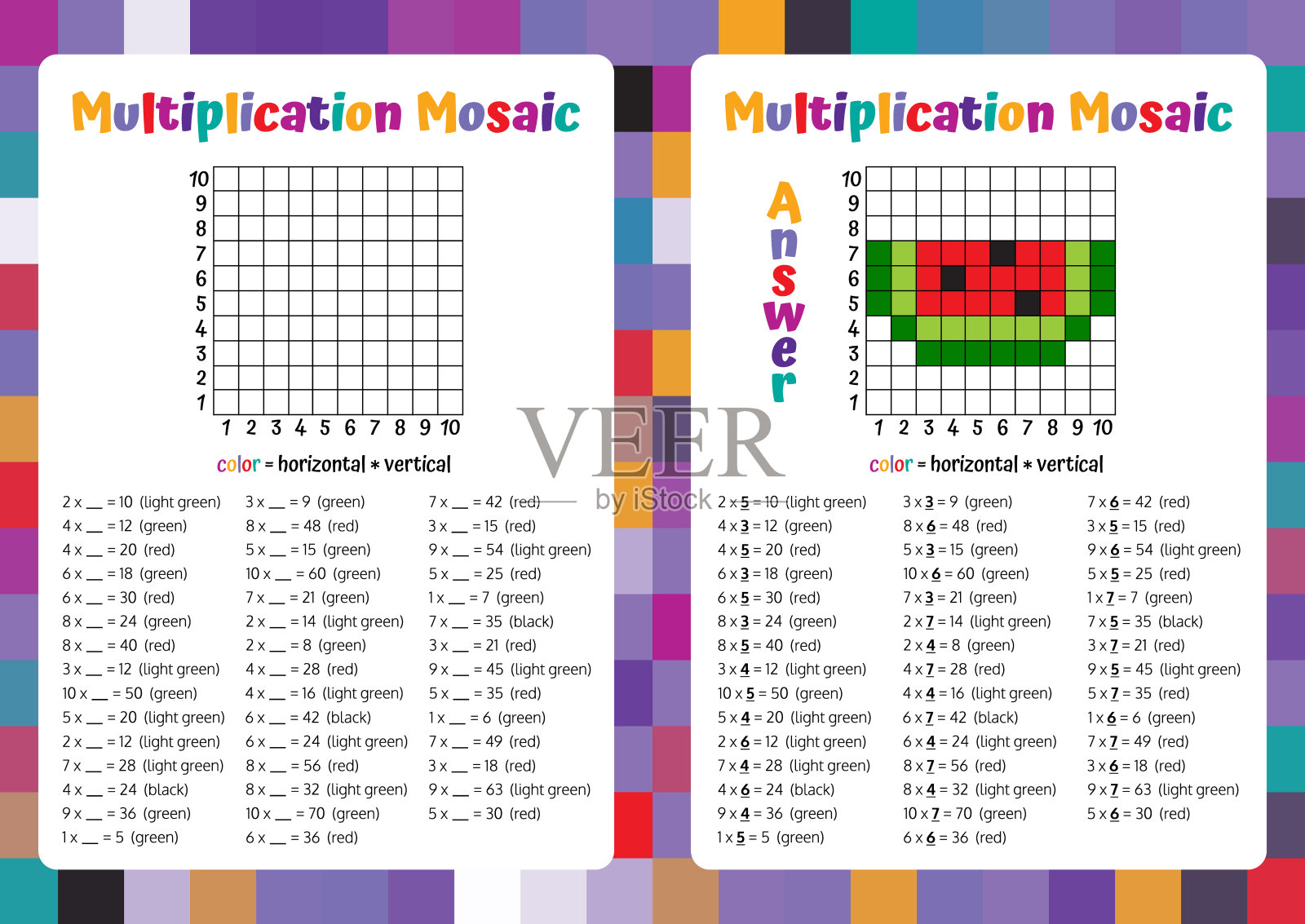 乘法马赛克数学拼图工作表。有教育意义的游戏。涂色书页数学游戏。像素艺术。插画图片素材