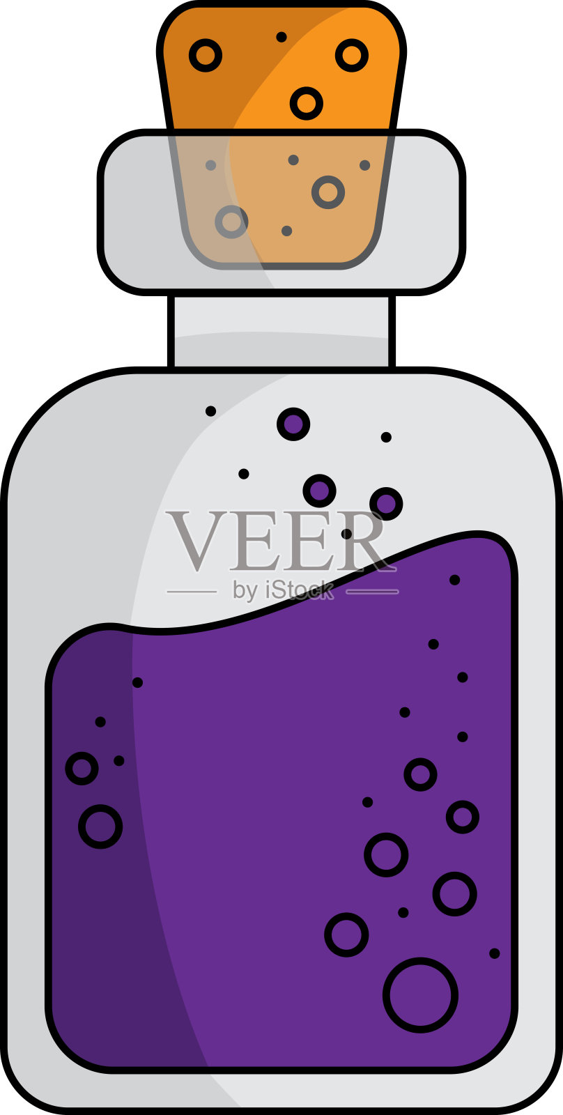 一个带有紫色液体和软木塞的瓶子的矢量插图，一个白色背景上的单一元素。医学概念、实验室、化学、魔术、分析收集。设计元素图片