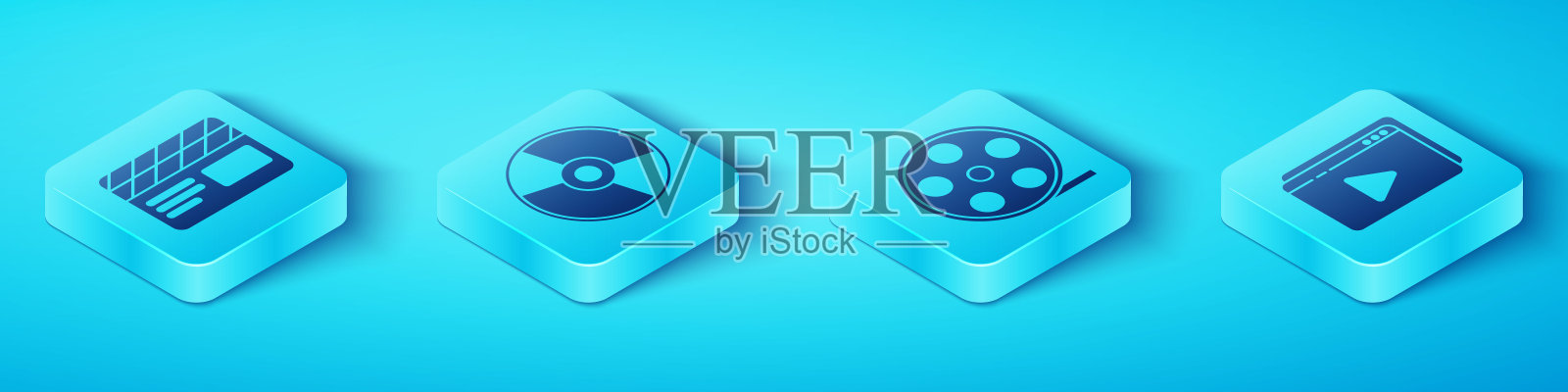 设置等距电影拍板，CD或DVD盘，在线播放视频和电影卷轴图标。向量设计元素图片