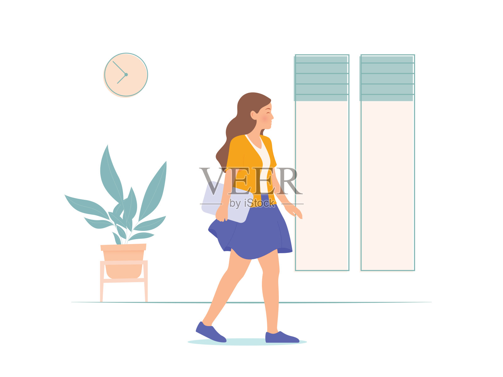 漂亮女人带着笔记本电脑去上班，她早上去了办公室插画图片素材