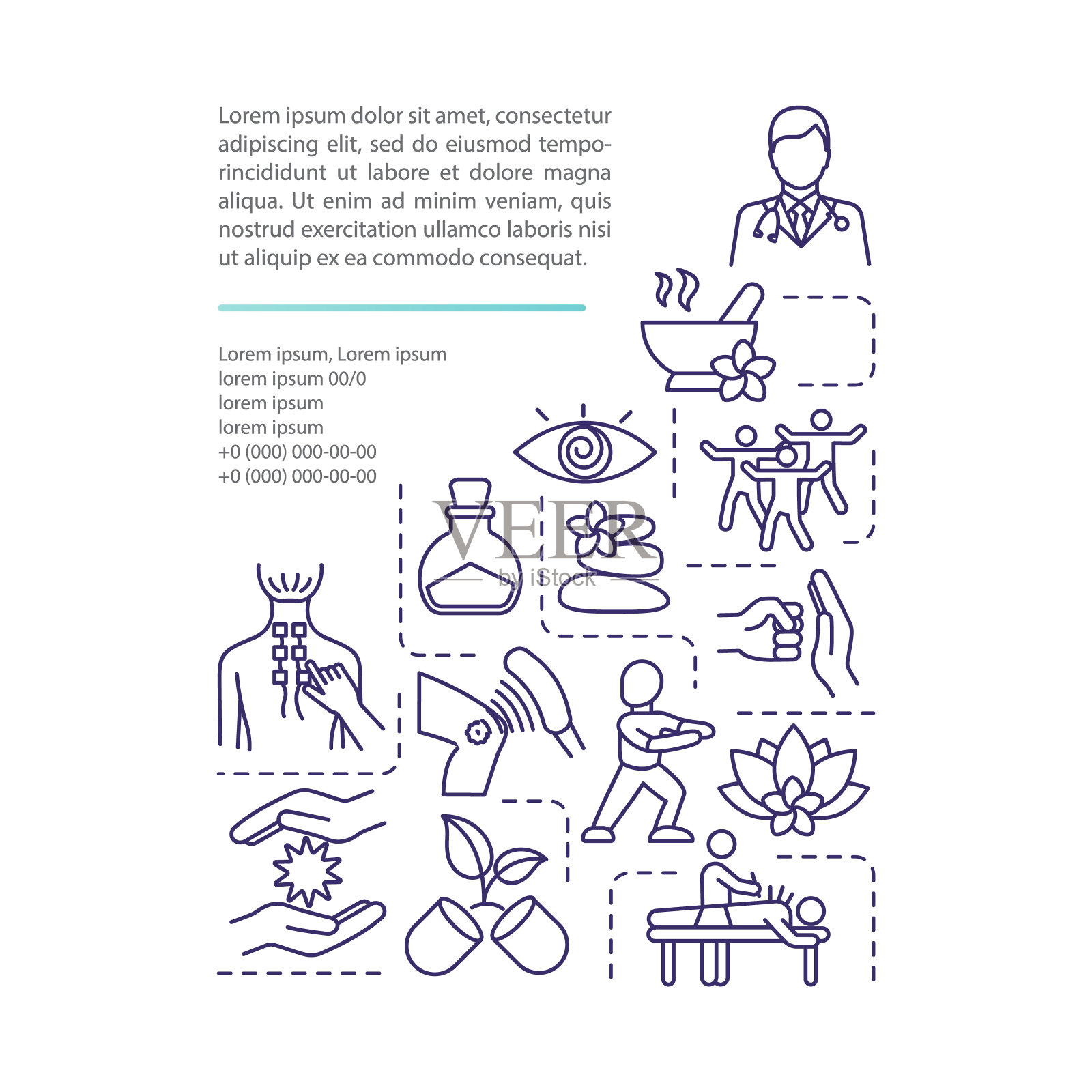 替代医学技术概念图标与文本。招摇撞骗。身心的平衡。传统的治疗。PPT页面矢量模板。宣传册，杂志，小册子设计元素与线性插图插画图片素材
