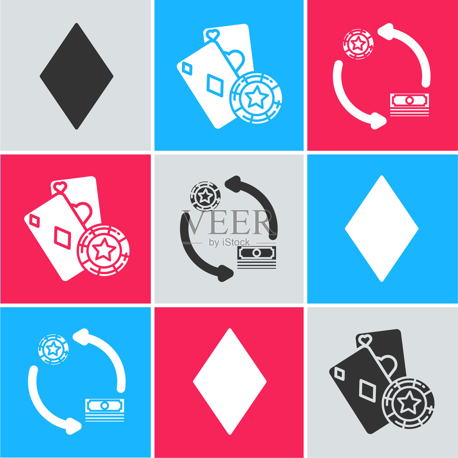 设置扑克牌与钻石标志赌场芯片图标素材