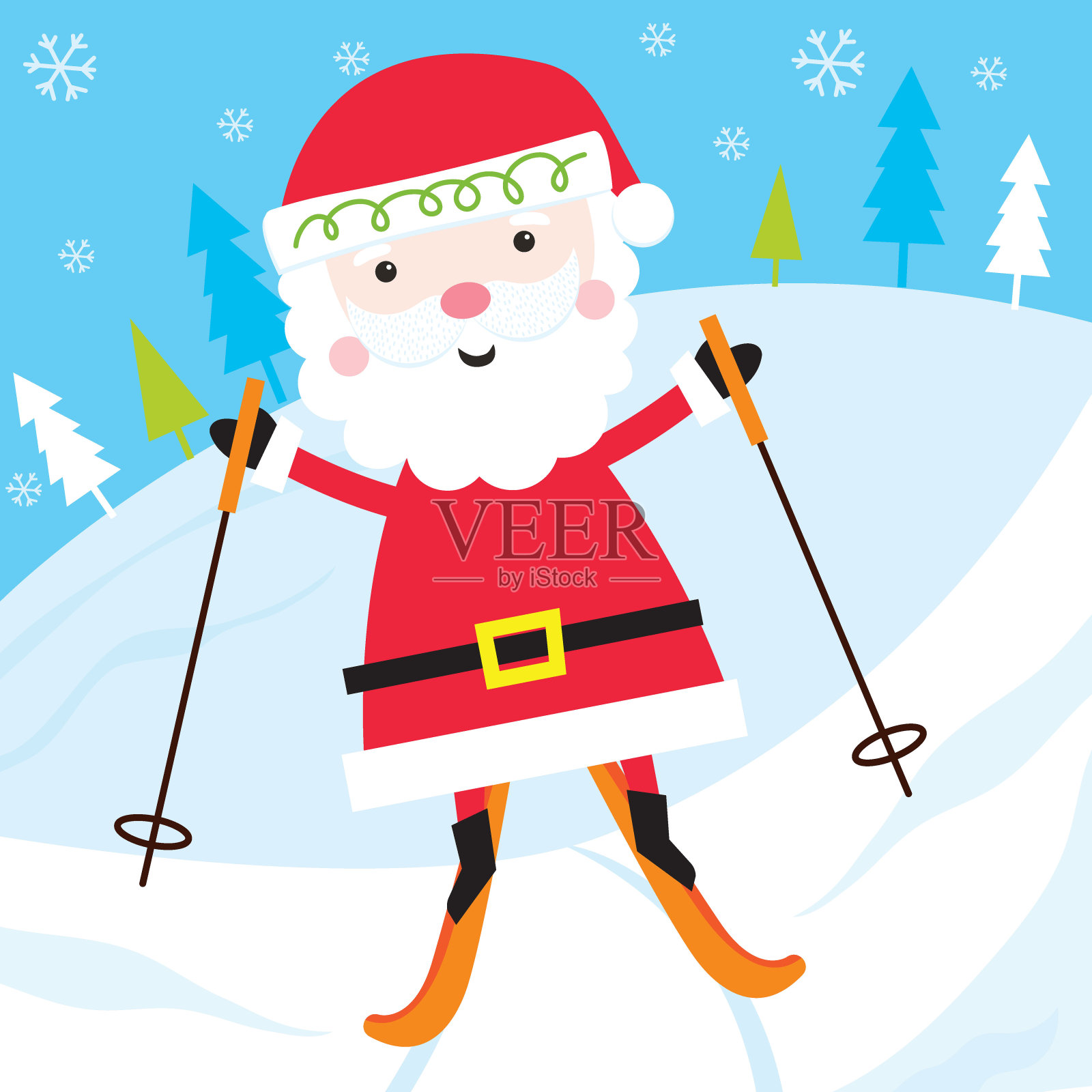 可爱的圣诞老人在下雪时滑雪，矢量插图插画图片素材