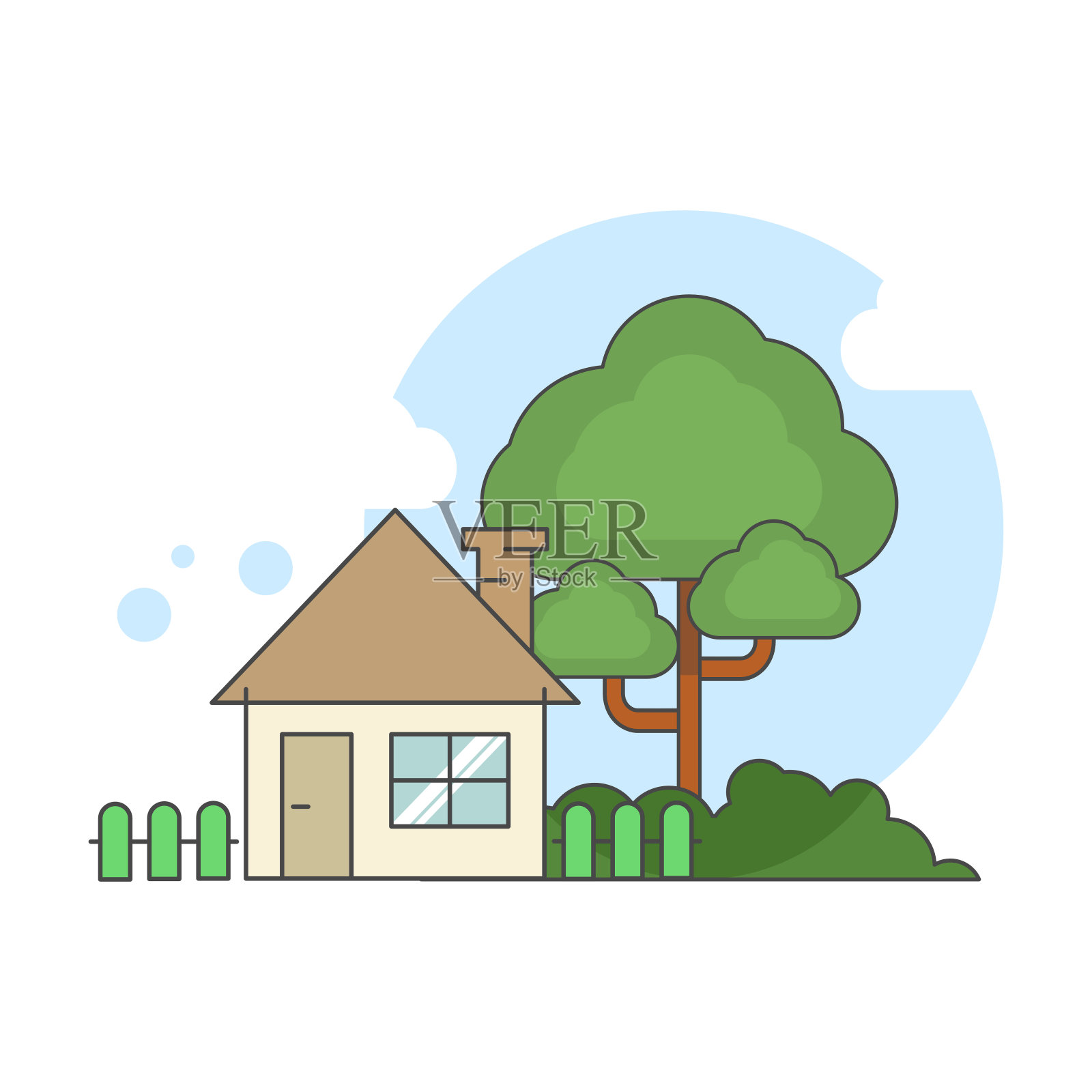 房子和树的图标。平的风格。插画图片素材