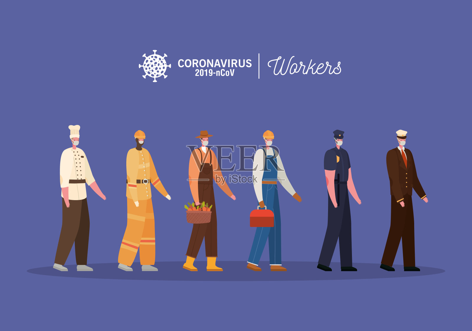 工人们穿着制服和口罩设计矢量插画图片素材