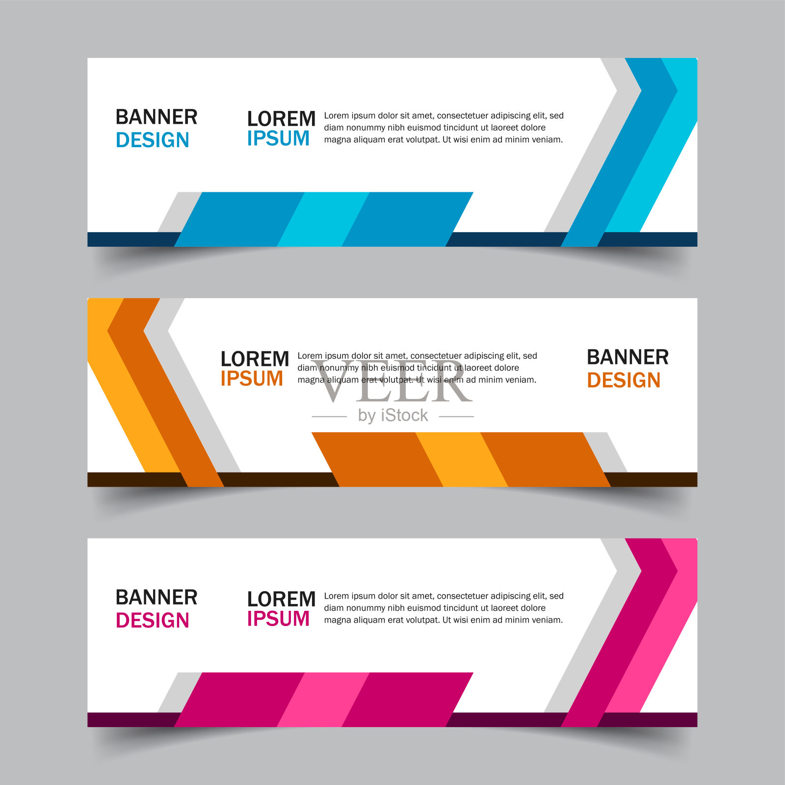 设置3个网页横幅运动模板与不同的颜色变体和设置在一个模板。现代抽象广告设计。非常容易使用的公司或业务。孤立的灰色。插画图片素材