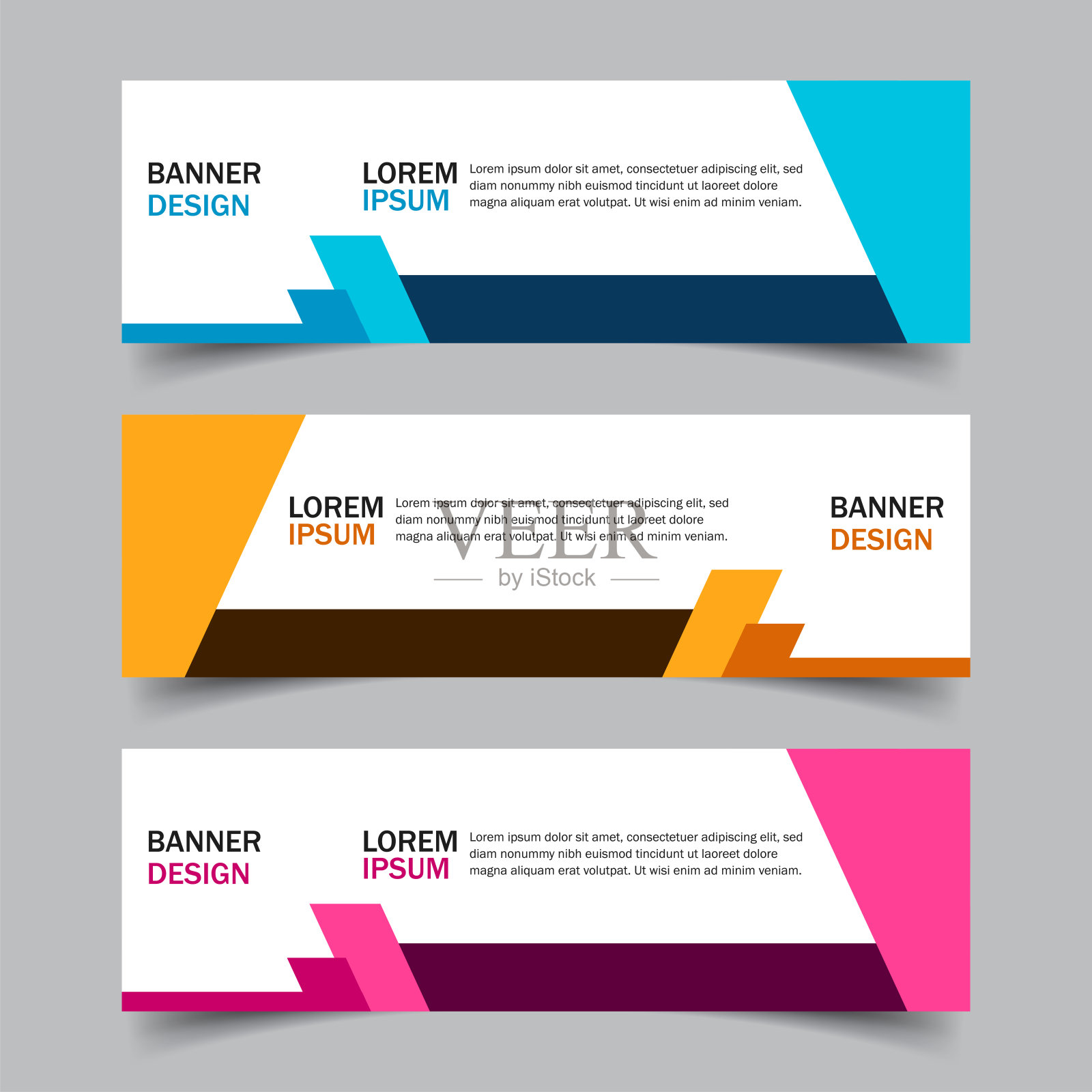设置3个网页横幅运动模板与不同的颜色变体和设置在一个模板。现代抽象广告设计。非常容易使用的公司或业务。孤立的灰色。插画图片素材
