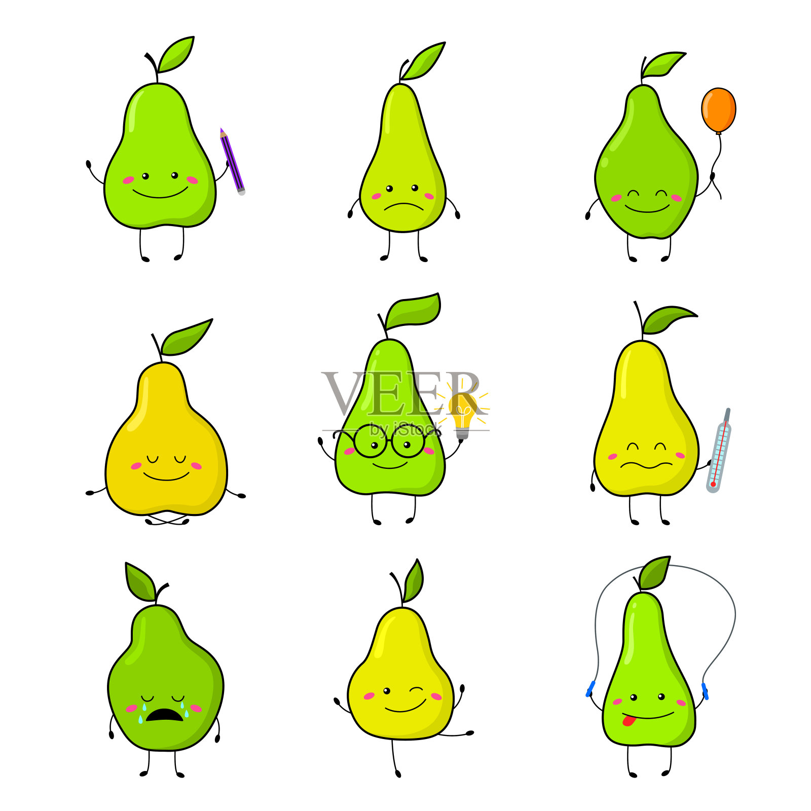 一套有趣的卡通风格的梨。插画图片素材