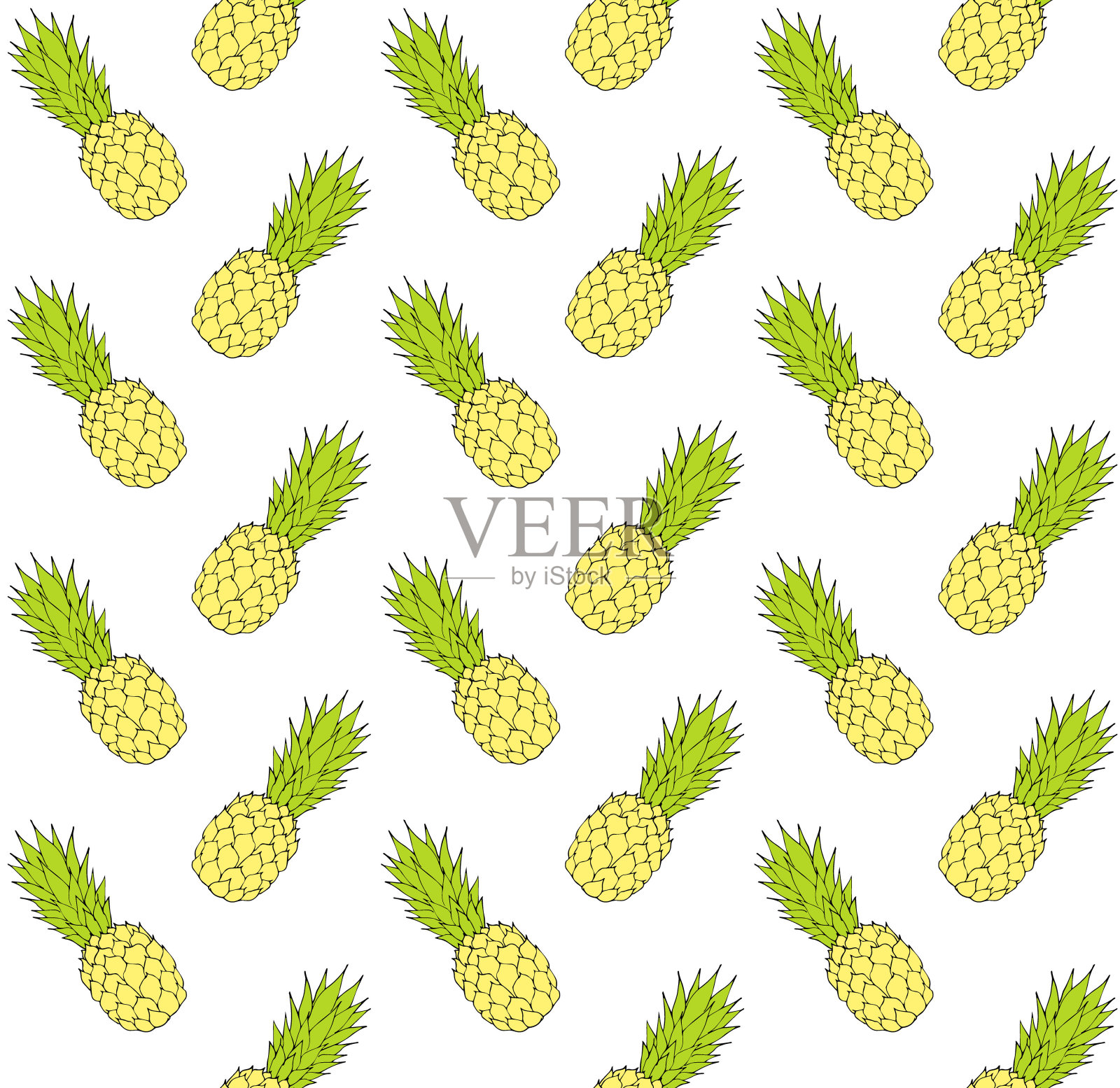 矢量无缝模式的黄色和绿色手绘素描松树，苹果，菠萝孤立在白色的背景插画图片素材