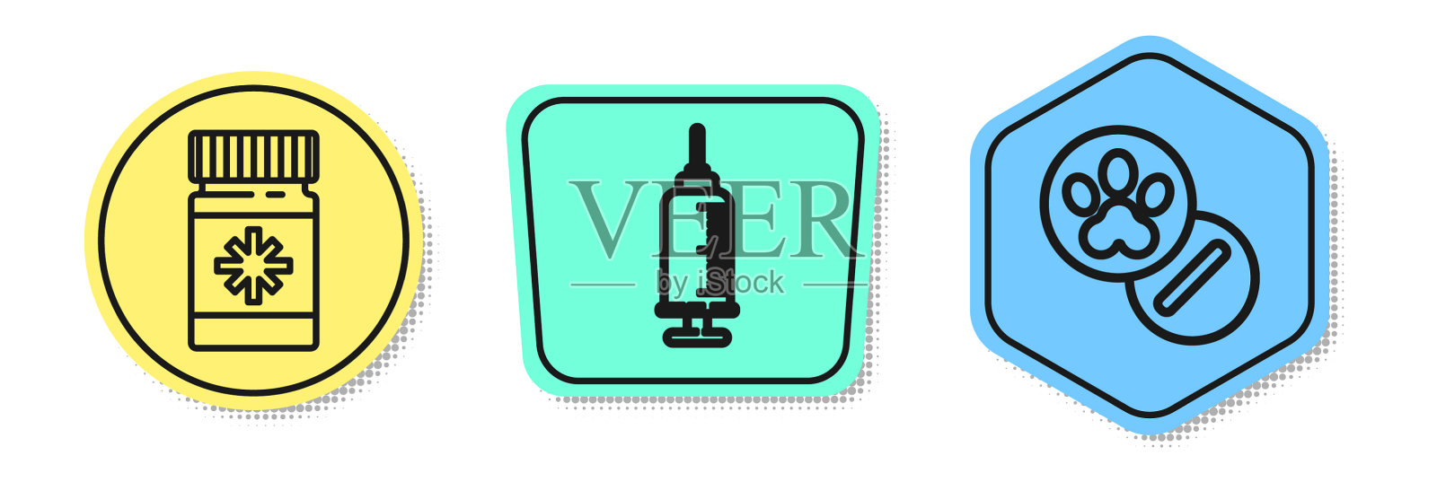 设犬药瓶和药丸注射器插画图片素材