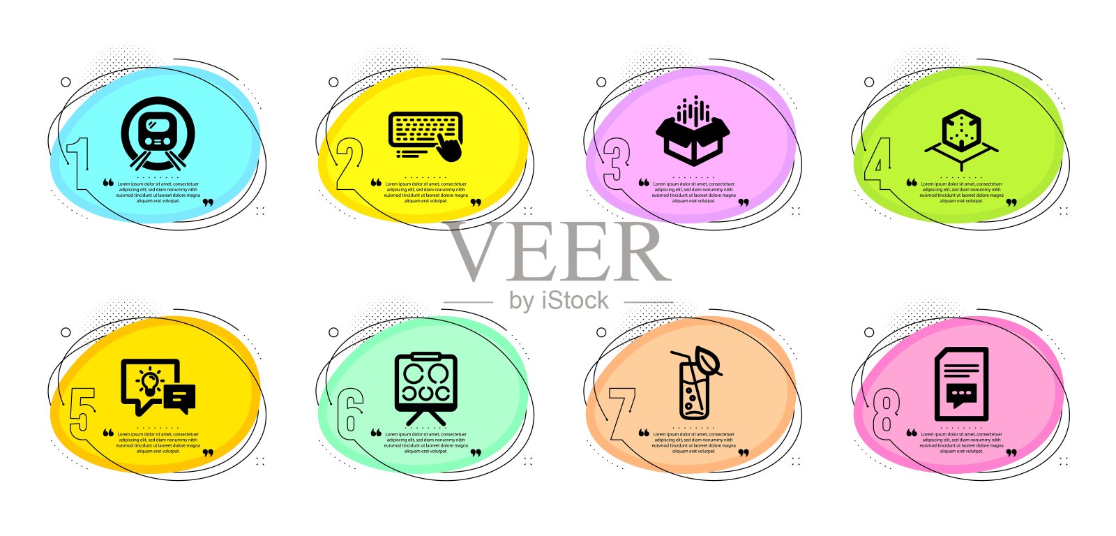 电脑键盘，地铁地铁和评论图标设置。打开盒子，水杯和创意灯的标志。向量插画图片素材