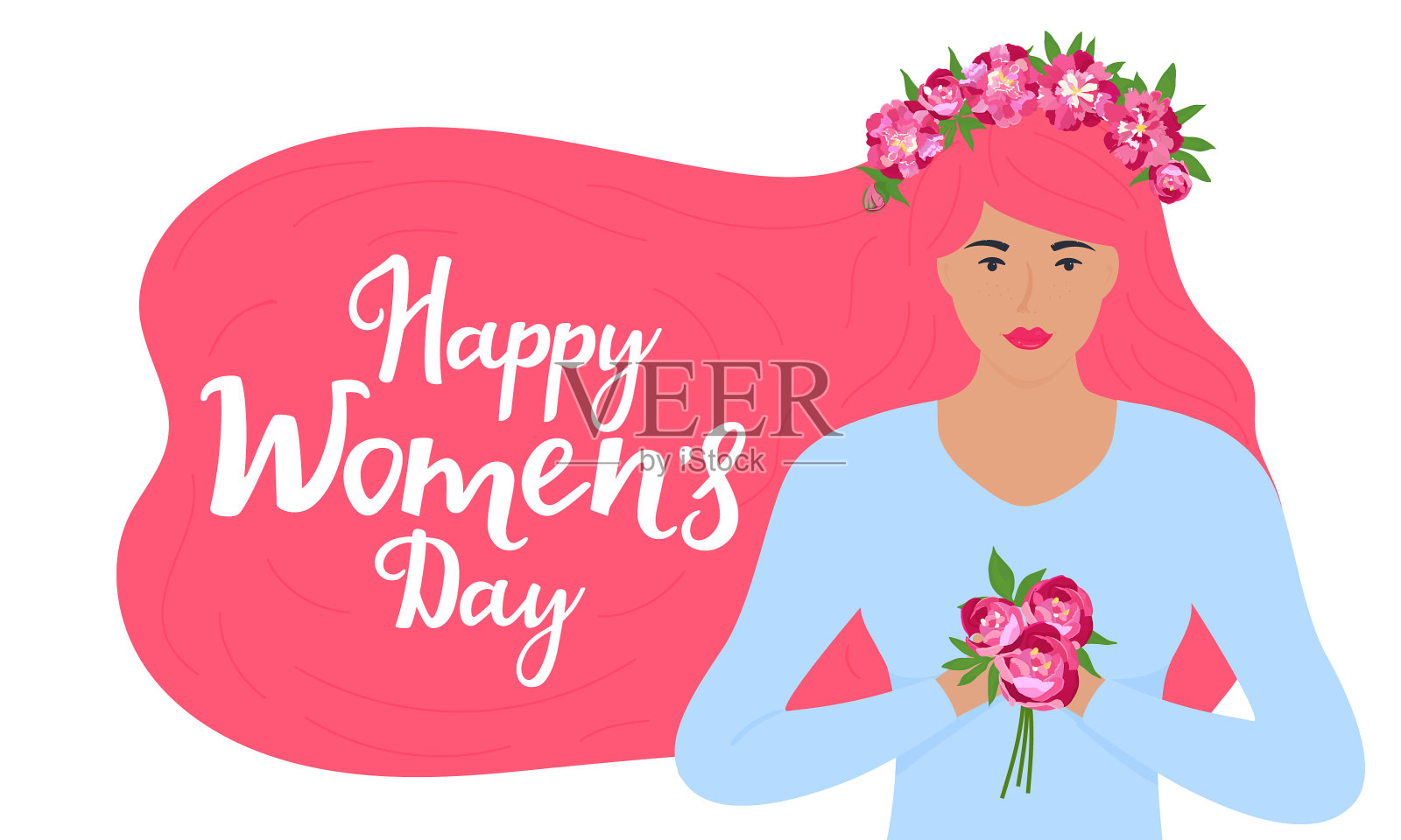 一个戴着牡丹花花环的少女在她心里插画图片素材