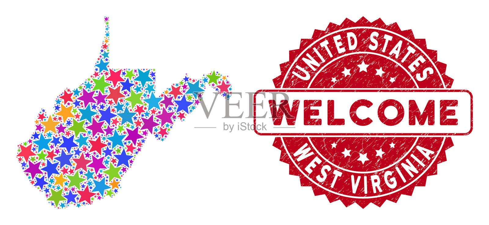 彩色星西弗吉尼亚州州地图拼贴和插画图片素材