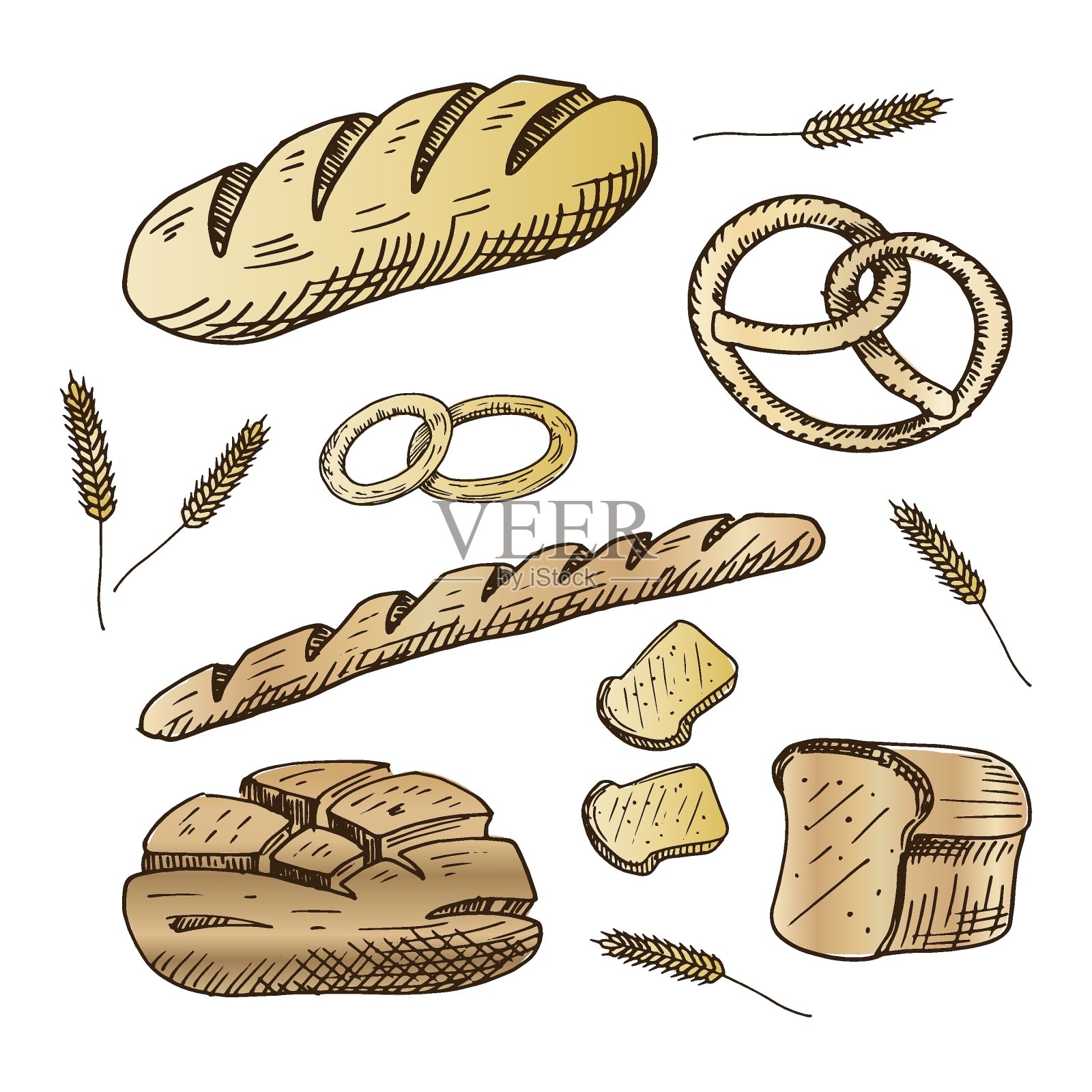 面包店。收集手绘面包产品。矢量插图。孤立在白色的。插画图片素材