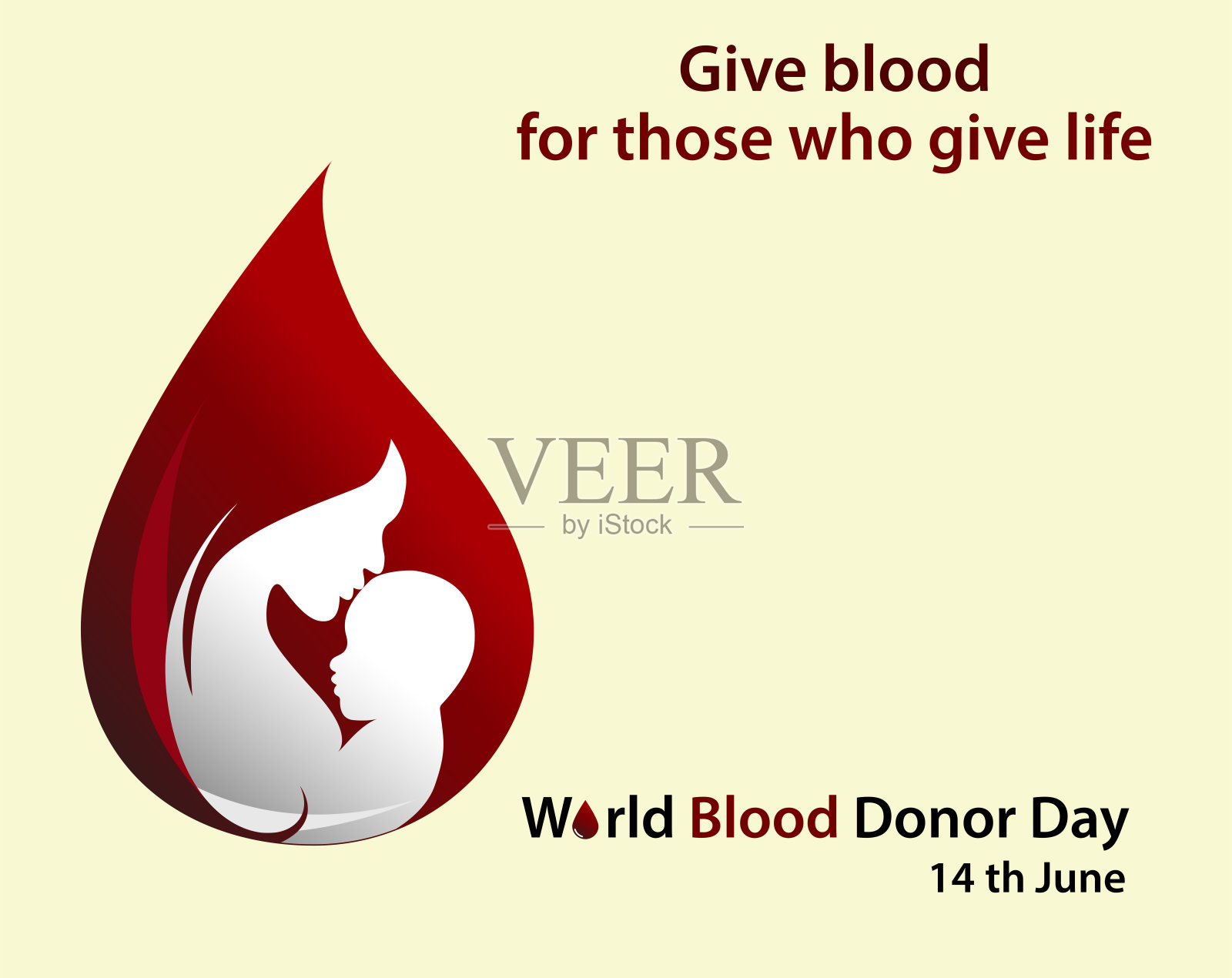 世界献血者日载体。抱着婴儿的母亲滴下的血。世界献血者日载体背景用一滴血。插画图片素材