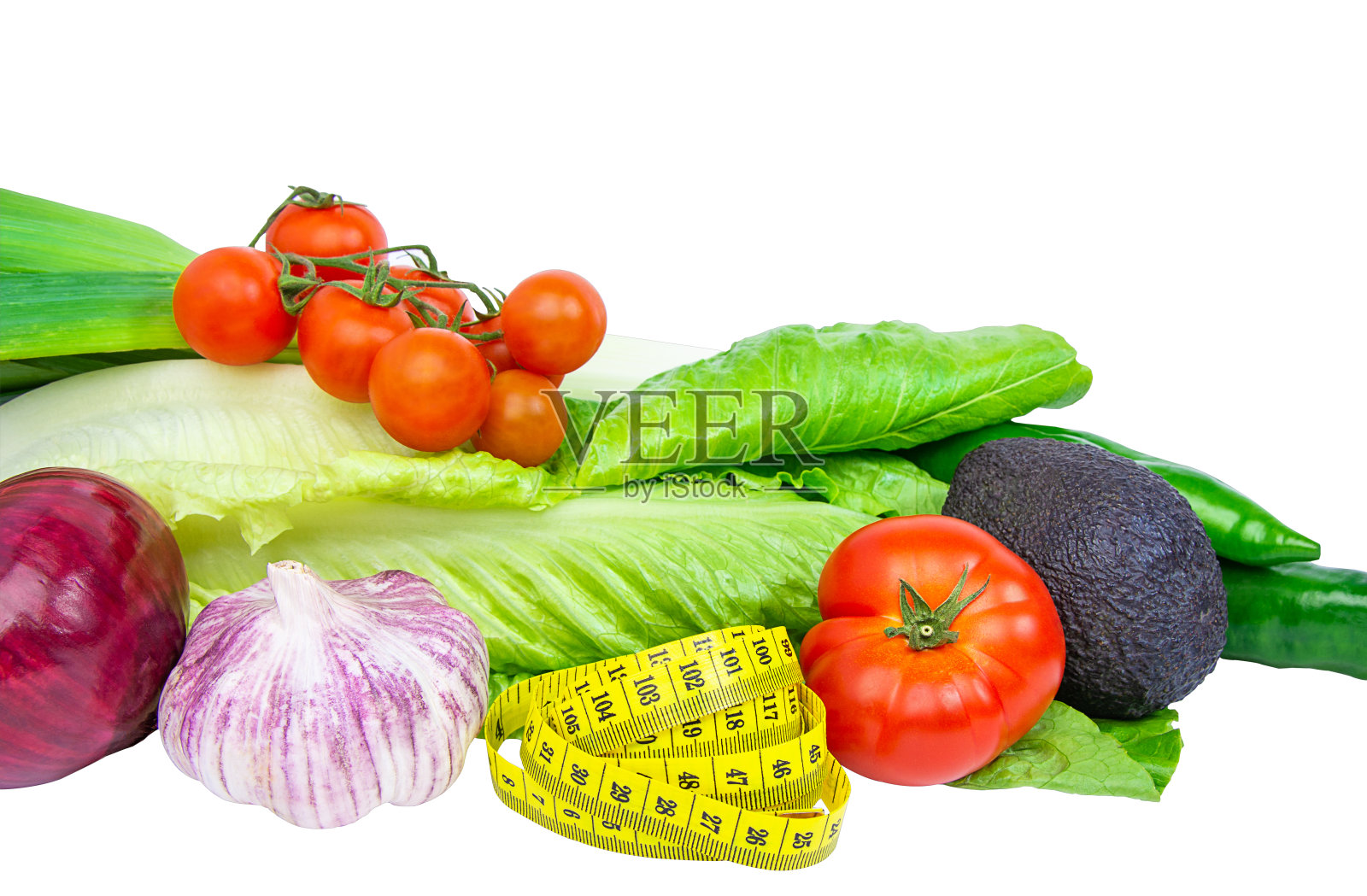 不同的蔬菜，沙拉，西红柿，鳄梨，洋葱，圣女果，韭菜照片摄影图片