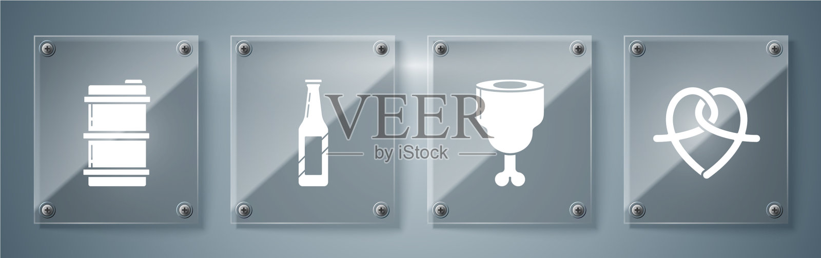 设置椒盐卷饼鸡腿啤酒瓶和金属图标素材