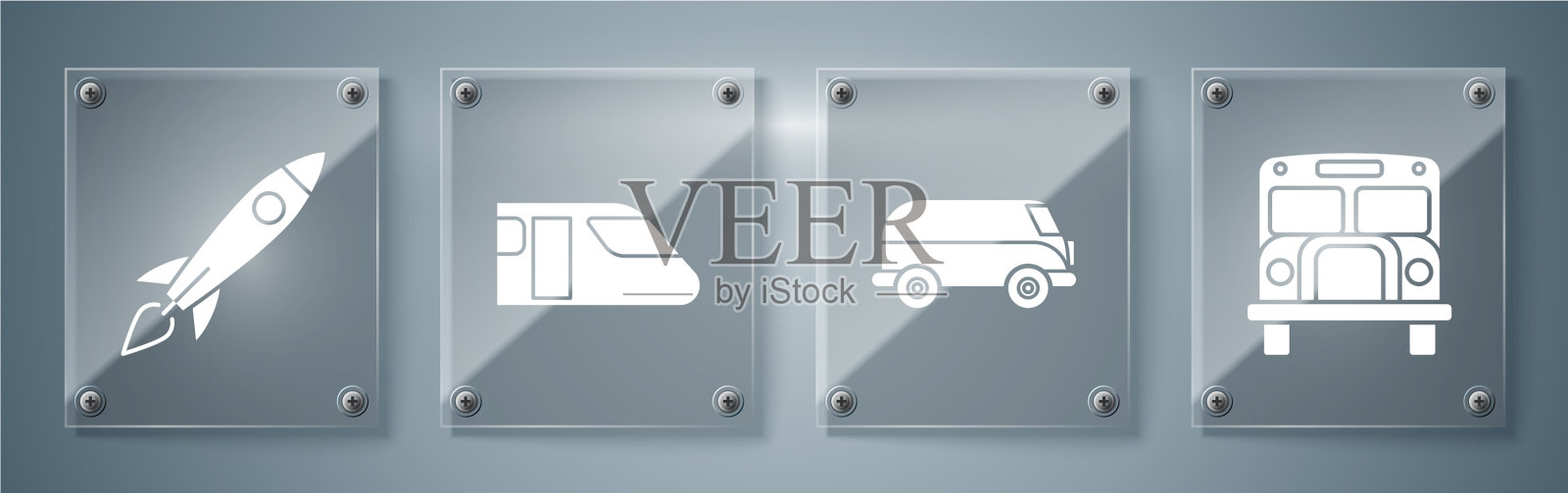 设置校车复古小货车火车和火箭图标素材