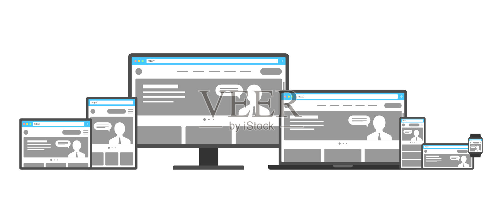 响应自适应网页设计模板集。网站在不同的设备上。桌面显示器，笔记本电脑，平板电脑，智能手机移动应用程序和智能手表显示模型。平面数字矢量图设计模板素材