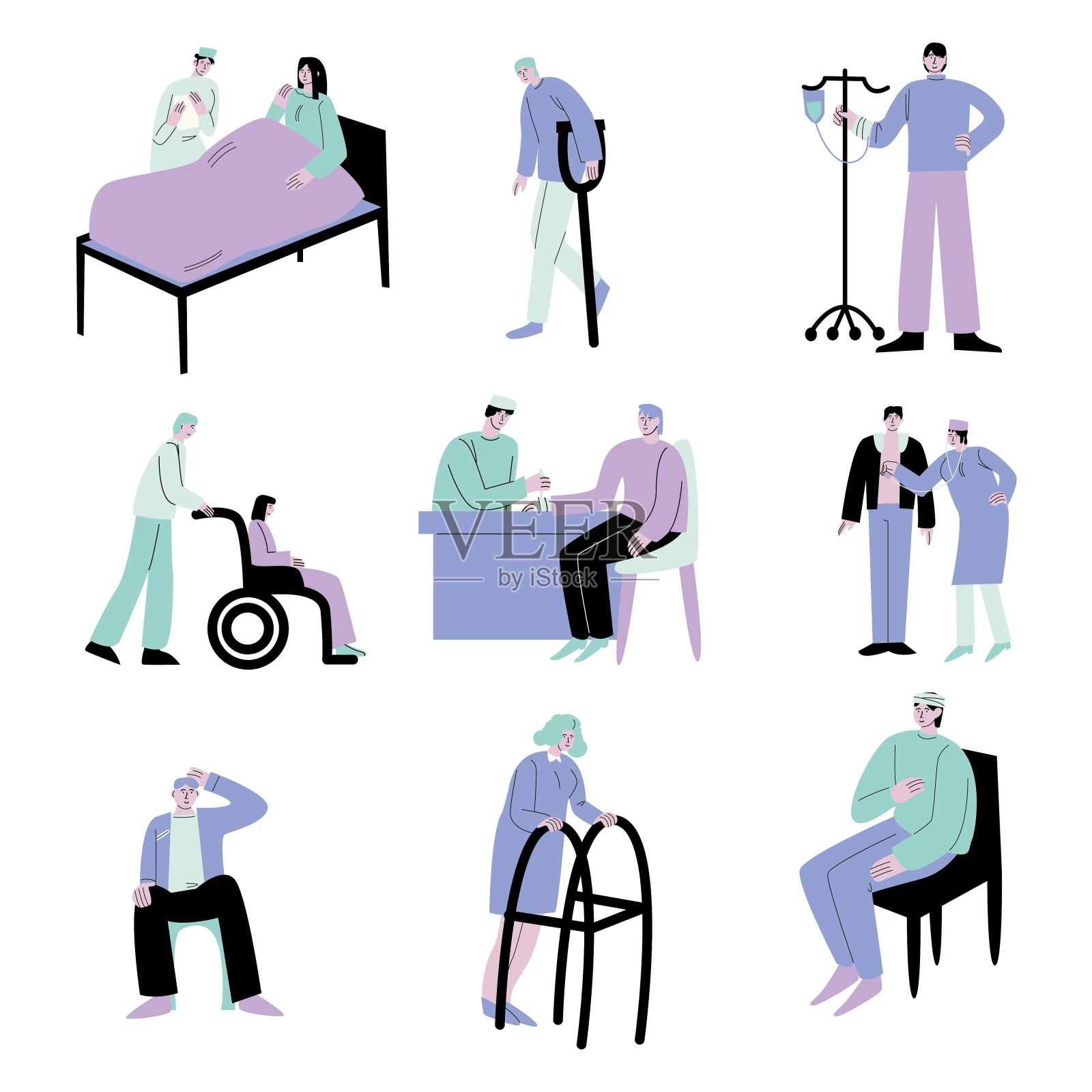 病人或残疾人在医院和诊所的病媒说明插画图片素材