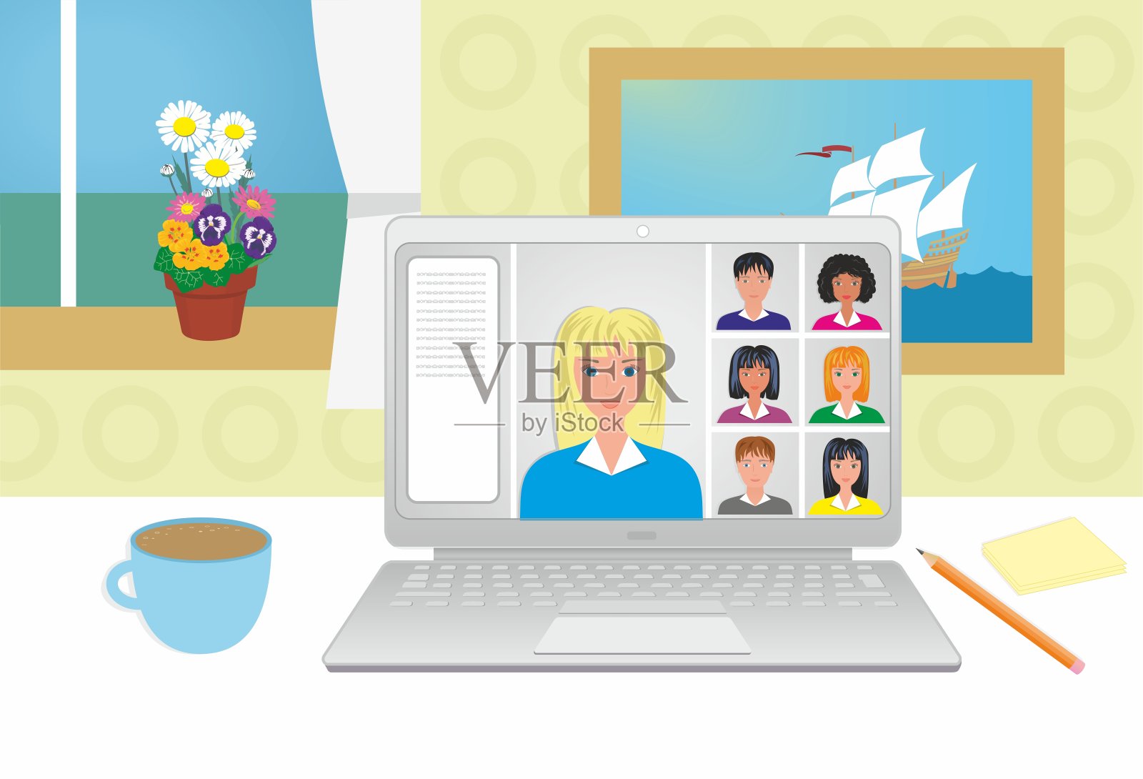 漂亮的女人和男人在电脑屏幕上，用笔记本电脑聊天。支持，联系，演示，视频会议，在家工作，在家学习。矢量插图。插画图片素材