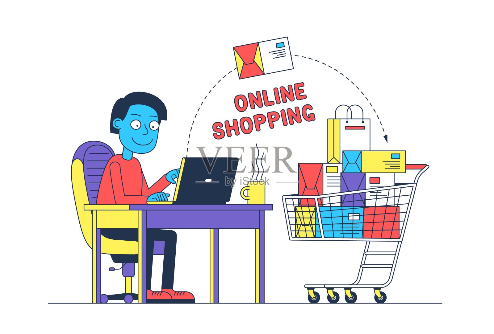 男子网上购物与笔记本电脑插画图片素材