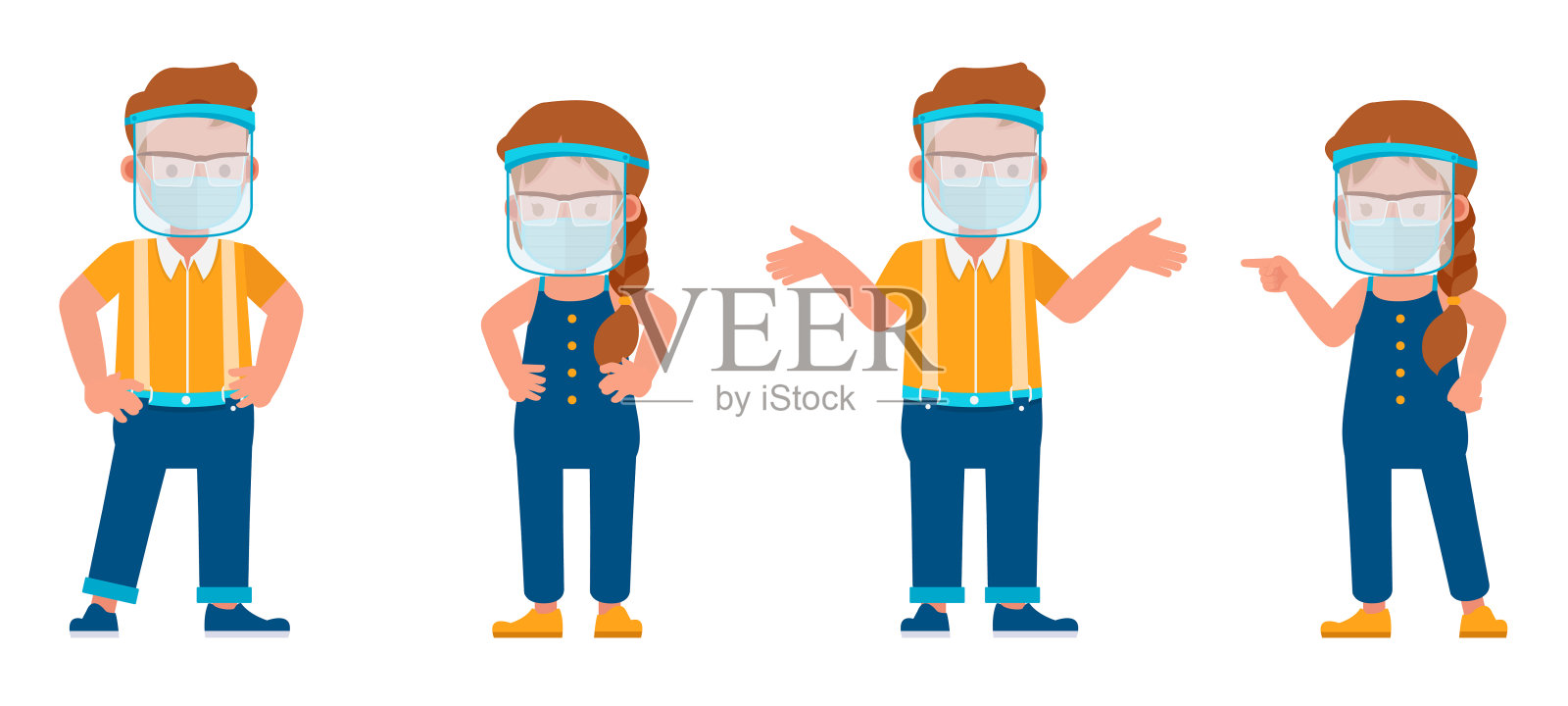 一套儿童佩戴医用口罩和矢量面罩的人物设计。表现在各种带有情感的动作中。插画图片素材