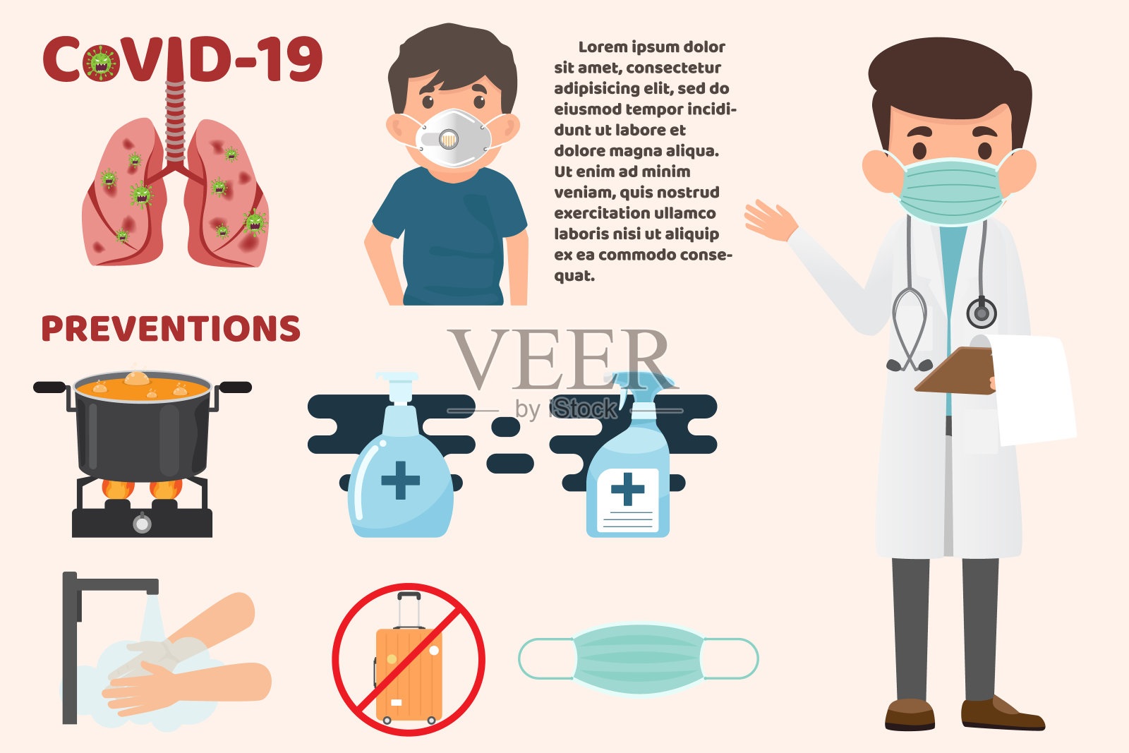 冠状病毒:冠状病毒信息图形元素，人类正在展示冠状病毒预防。健康和医疗。新型冠状病毒2019肺炎的疾病。CoVID-19病毒爆发传播。插画图片素材