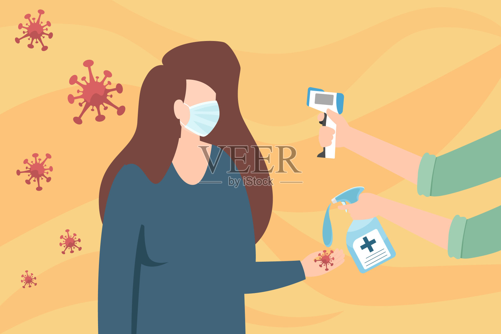 手握红外温度计测量女人的额头温度。筛查Covid-19冠状病毒流感患者。保护冠状病毒疾病爆发。矢量插图。插画图片素材