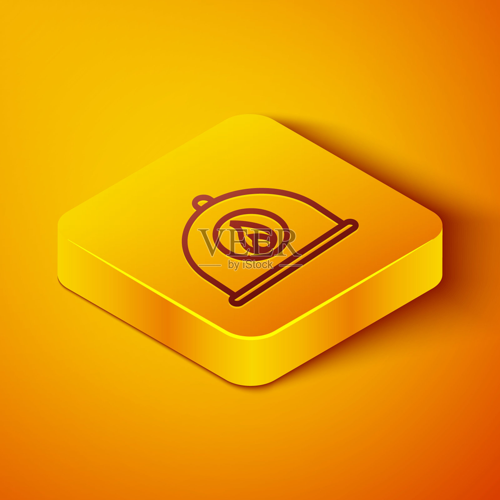 等距线消防头盔或消防帽图标孤立在橙色背景。黄色正方形按钮。矢量图图标素材