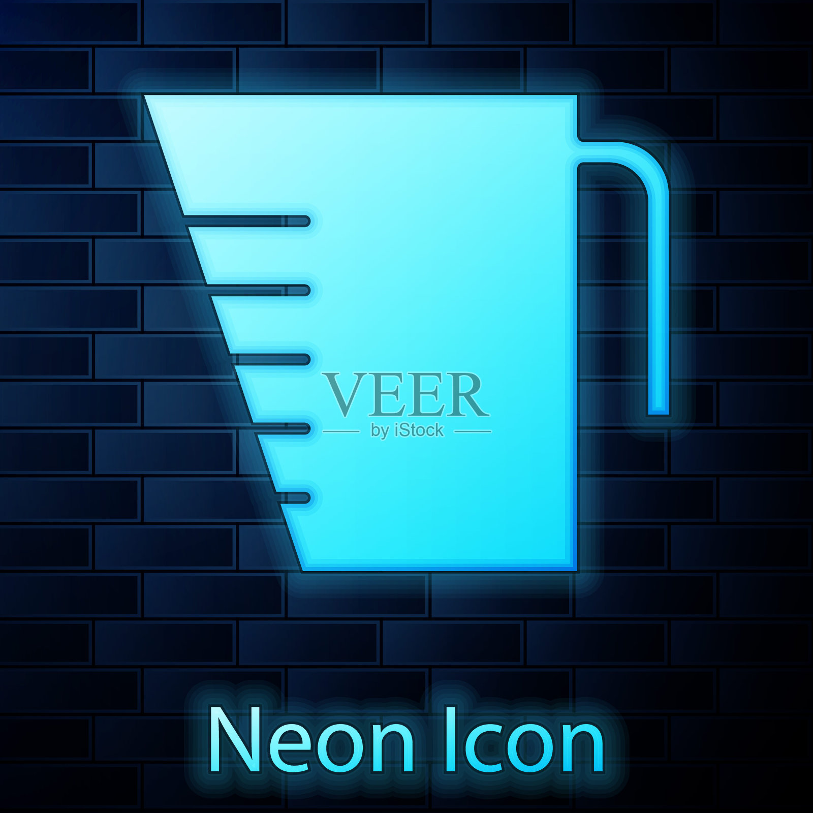 发光的霓虹灯测量杯测量干和液体食品图标隔离在砖墙背景。带柄的塑料刻度烧杯。矢量图插画图片素材