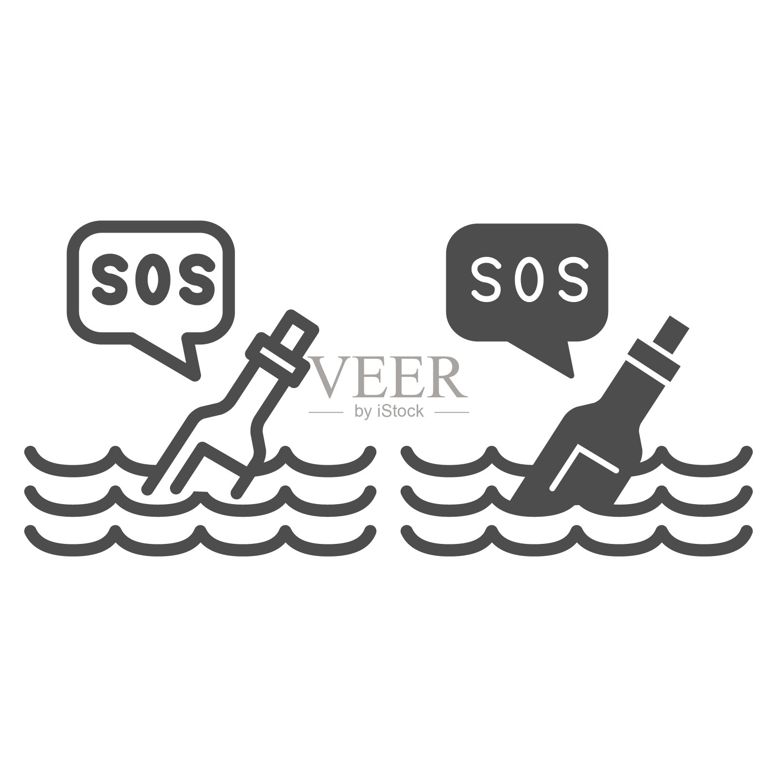 瓶子与sos信息线和固体图标，海洋概念，瓶子上的波浪标志上的白色背景，瓶子漂浮在波浪图标的轮廓风格的移动概念和网页设计。矢量图形。图标素材