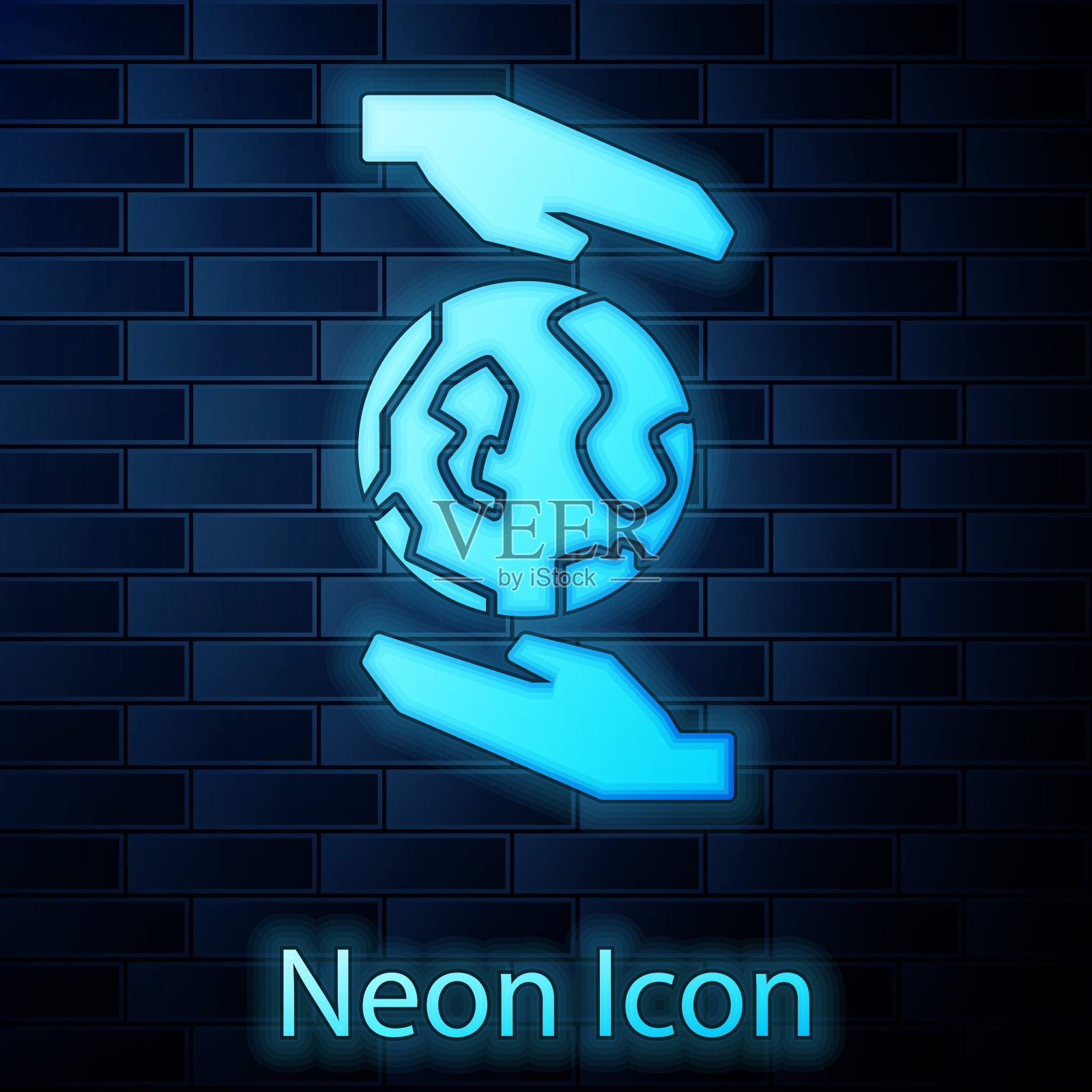 发光的霓虹灯，在砖墙的背景上，人类的手拿着地球图标。拯救地球的概念。矢量图插画图片素材