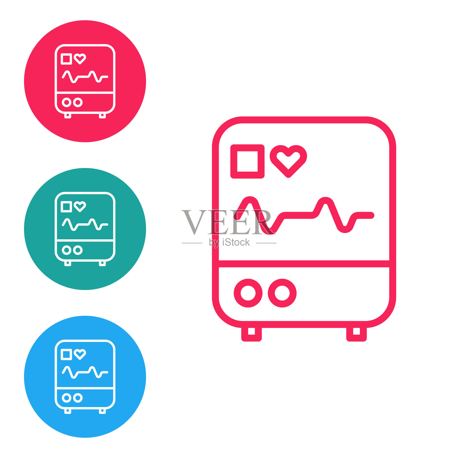 红色线计算机显示器，心电图图标孤立在白色背景上。监控图标。心电监护仪与心跳手绘。在圆形按钮中设置图标。矢量图图标素材