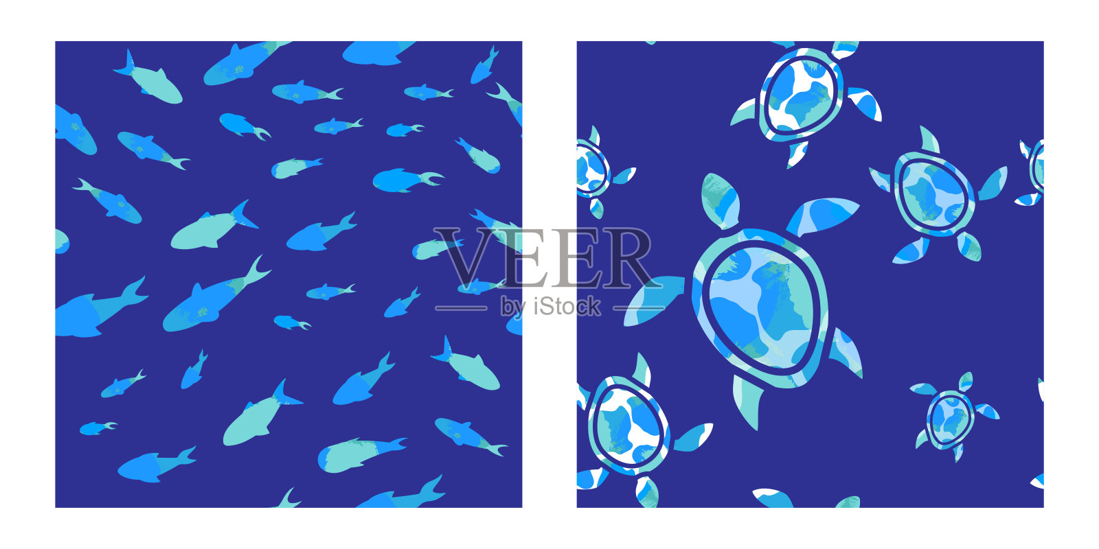 配上海龟和鱼插画图片素材