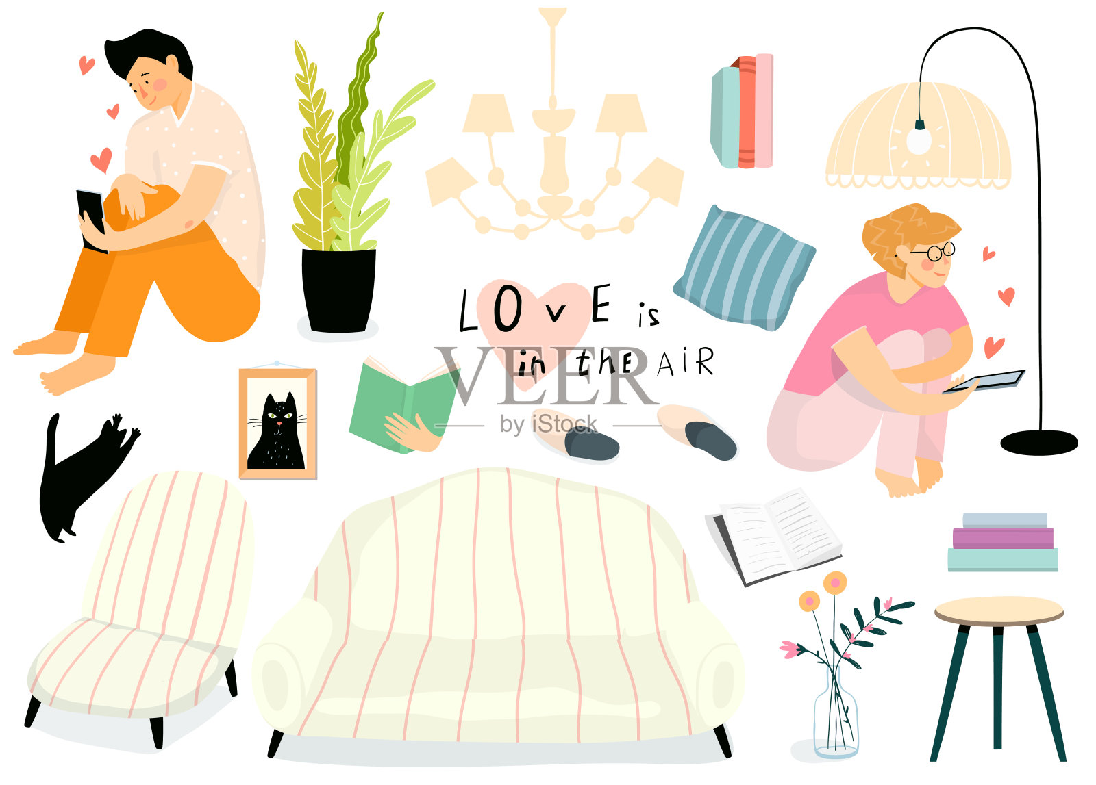 舒适和安静的家庭房间对象孤立的剪贴集。在内部放松的氛围中，女孩和男人在智能手机上发短信。向量设计师收集。插画图片素材