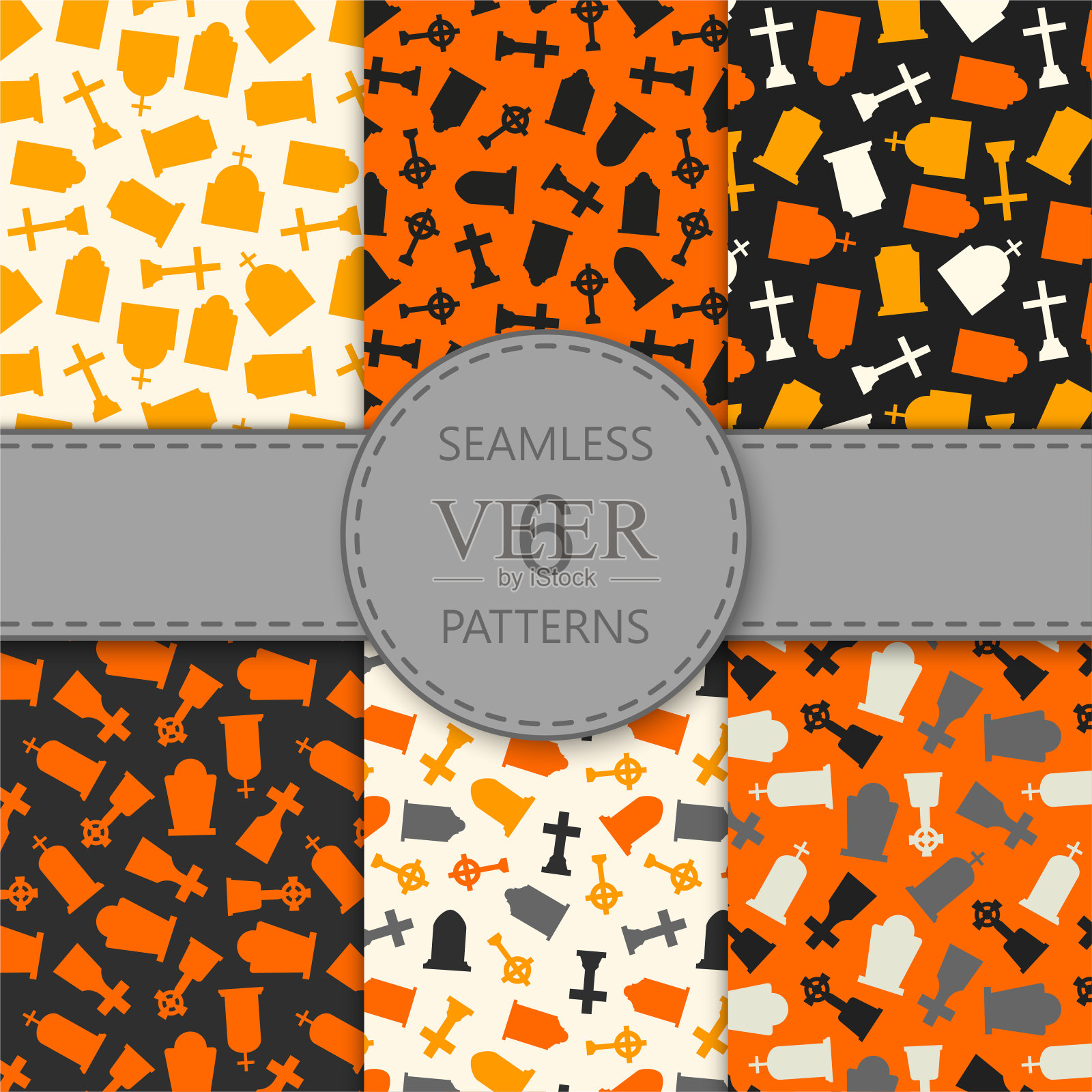 无缝图案与墓碑上的橙色和黑色背景，矢量插图插画图片素材