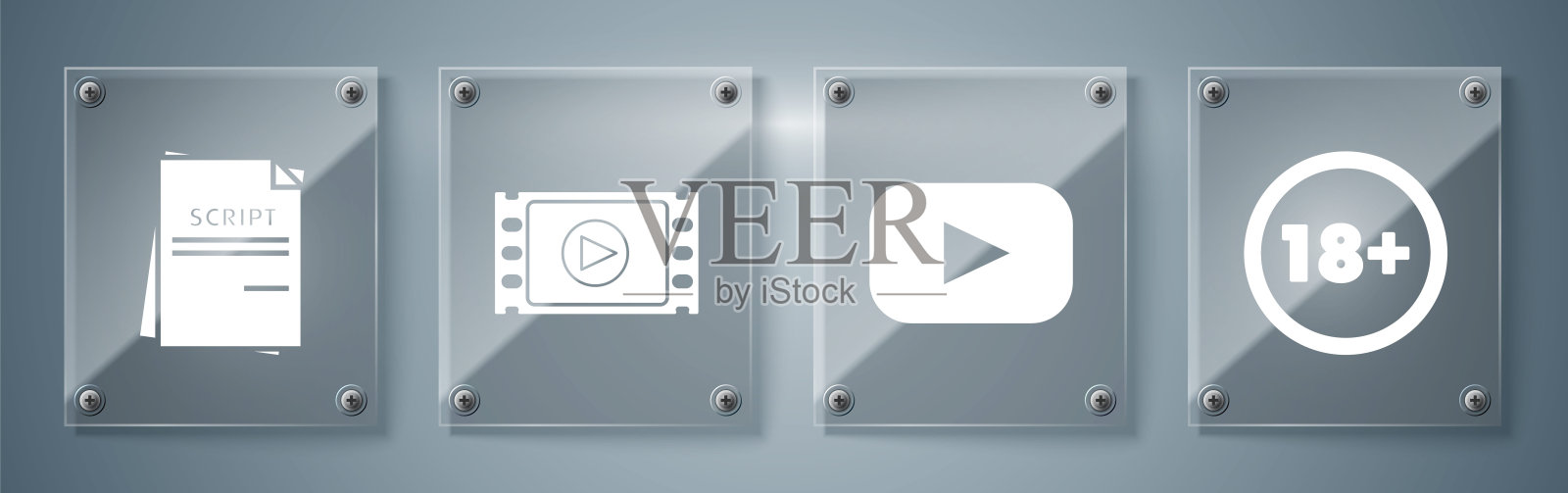 设置在18岁以下，播放，播放视频和场景。方形玻璃面板。向量设计元素图片